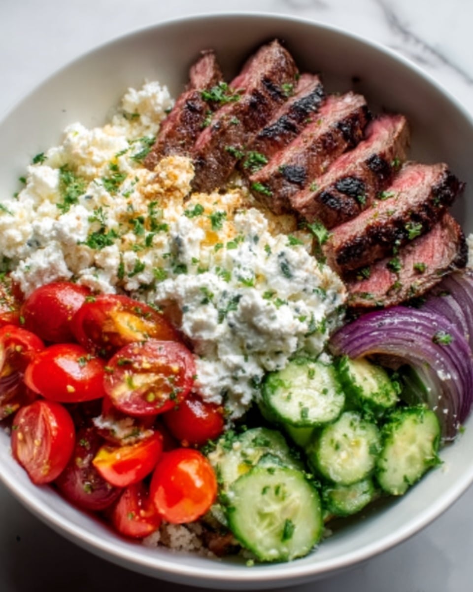 A white bowl filled with a colorful dish featuring several layers: at the bottom, fresh cucumber slices with dark green edges on the right side, next to bright red cherry tomatoes grouped at the bottom center; above these, creamy white cottage cheese with small soft lumps spread across the middle; to the left, sliced grilled steak with a pink center and dark brown seared edges arranged in a neat row; behind the steak, slightly charred purple-red onion wedges; the dish is garnished with small green herbs sprinkled over the cottage cheese and steak, all set on a white marbled surface. photo taken with an iphone --ar 4:5 --v 7