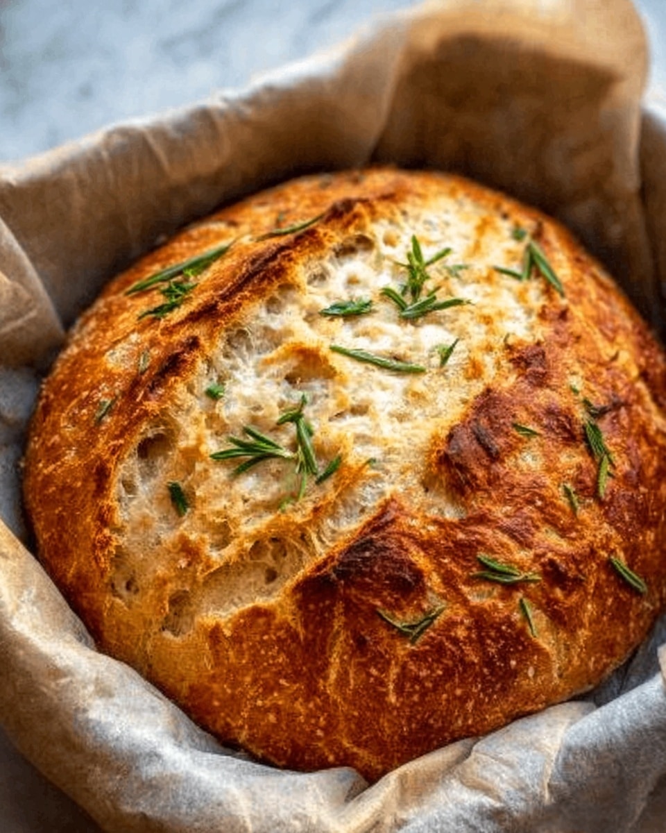 A round loaf of bread with a golden brown crust rests on white parchment paper inside a baking dish. The bread has a rough, rustic texture with deep cracks on the surface, showing its soft, light interior. On top, there are fresh green herb sprigs scattered, adding color contrast. The background is a white marbled surface that highlights the bread’s warm tones. Photo taken with an iphone --ar 4:5 --v 7