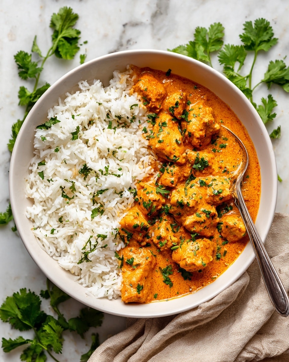 A white bowl holds a dish with two clear halves: on the left, fluffy white rice with a few small green herb pieces sprinkled on top; on the right, a creamy orange curry with chunks of tender meat coated in sauce, also sprinkled with chopped green herbs. A silver spoon rests on the rice side inside the bowl. The bowl is placed on a light brown cloth on a white marbled surface, with fresh green cilantro leaves scattered around. photo taken with an iphone --ar 4:5 --v 7