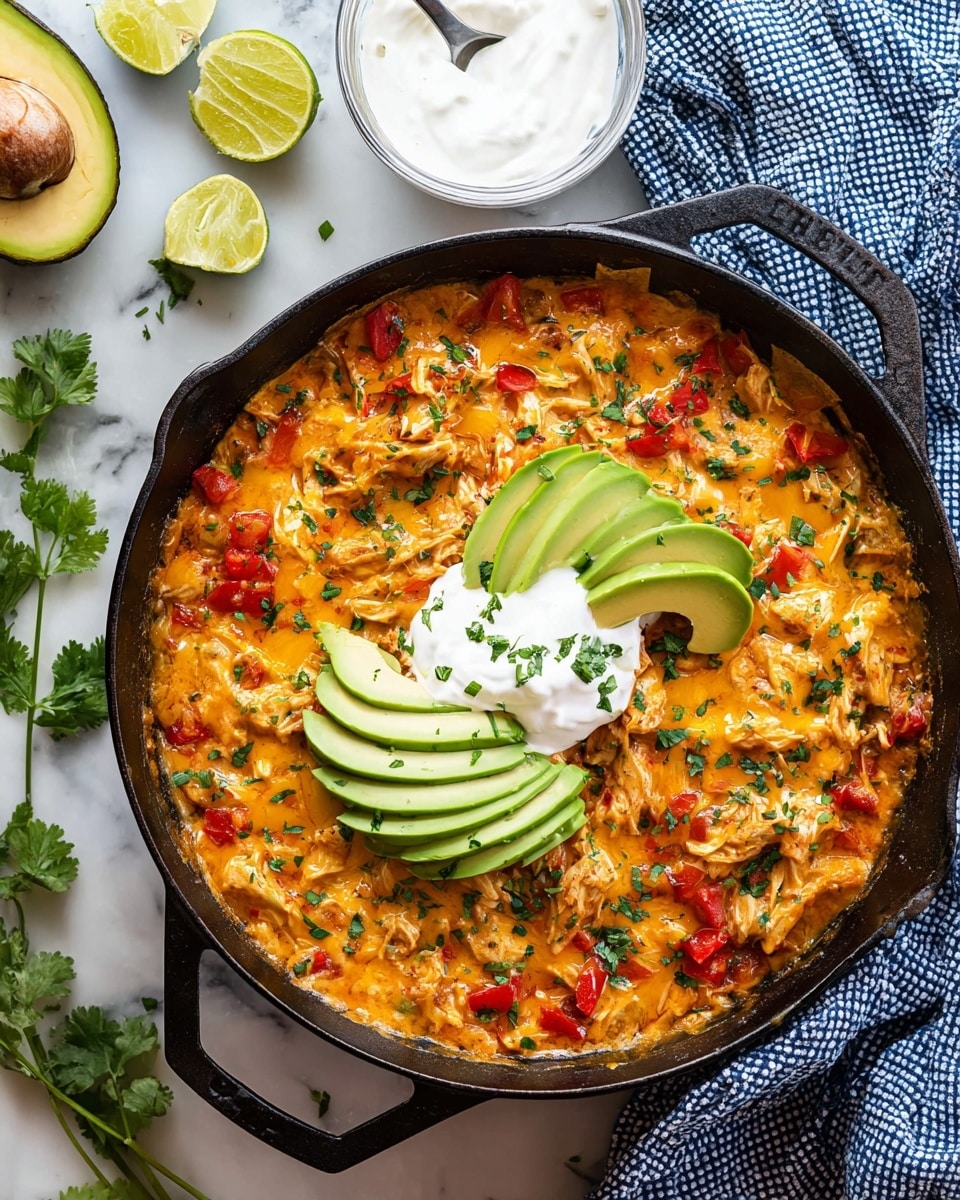 A black skillet filled with layered nachos topped with melted orange cheddar cheese, diced red tomatoes, and green herbs. On top, there are two sets of sliced avocado arranged in a fan shape on opposite sides, with a dollop of white sour cream sprinkled with small green leaves in the center. The skillet sits on a white marbled surface with a grid-patterned trivet underneath, an open avocado half to the top left, some lime halves, green leaves, and a blue and white checkered cloth to the right. A small glass bowl of sour cream with a silver spoon is resting above the skillet. photo taken with an iphone --ar 4:5 --v 7