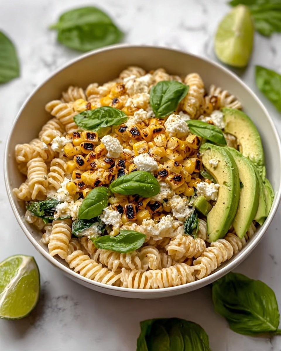The image shows a white bowl filled with a pasta dish featuring three main layers. The bottom layer is made of short, curly pasta that is pale yellow with a slightly shiny texture. Scattered on top of the pasta is a layer of bright yellow grilled corn kernels, some with charred brown spots. The top layer is decorated with white crumbled cheese, fresh dark green basil leaves, and wedges of light green avocado. There is a white marbled surface beneath the bowl with some basil leaves and a lime wedge around it. photo taken with an iphone --ar 4:5 --v 7