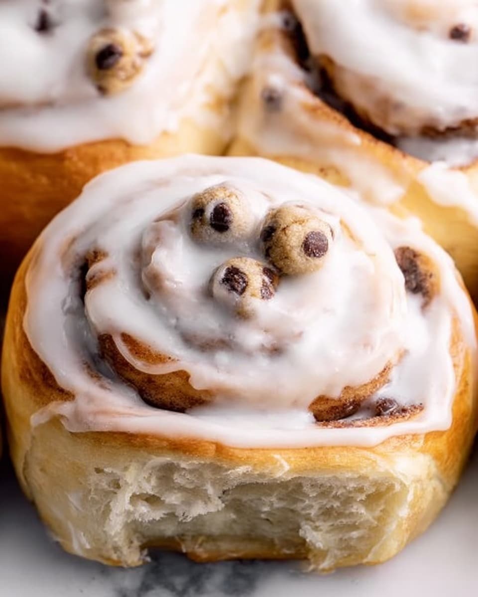 The image shows close-up cinnamon rolls with a smooth, white icing spread thickly over the top, creating a shiny and creamy layer. Each roll has a golden-brown, soft dough base with visible swirls of cinnamon sugar filling that peeks through the icing. On top of the central roll, there are two small raw cookie dough balls with chocolate chips, adding a contrasting light beige color with dark spots. The texture of the dough looks fluffy and soft, while the icing looks glossy and melting into the rolls. The rolls are placed on a white marbled surface, giving a clean and bright background. photo taken with an iphone --ar 4:5 --v 7