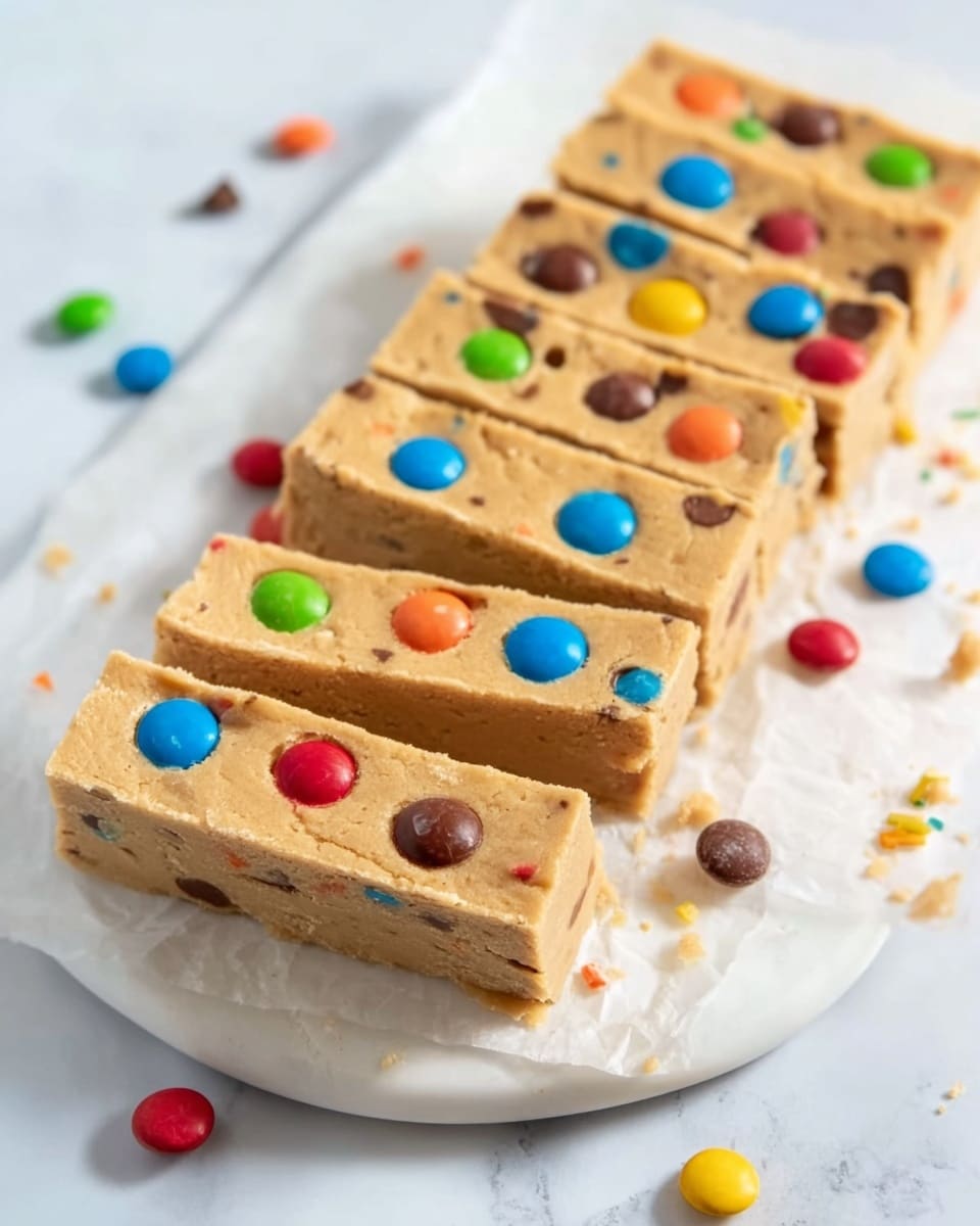 The image shows six rectangular slices of a light brown dessert bar placed in a row on white parchment paper over a white marbled surface. Each bar has a smooth, slightly shiny texture with colorful candy-coated chocolates scattered on top, mainly blue, red, green, yellow, and orange, with some candies falling around the bars onto the surface. The dessert bars are cut cleanly and evenly, with a soft but firm look. photo taken with an iphone --ar 4:5 --v 7