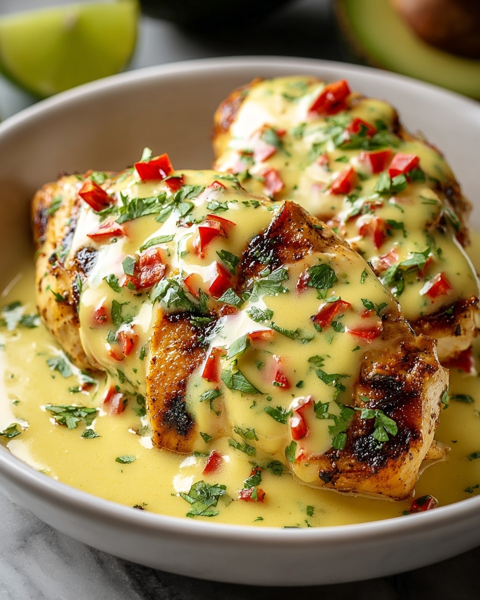 A white bowl holds three pieces of grilled chicken layered close together, each piece golden brown with char marks showing a slightly crispy texture. The chicken is topped with a thick, creamy light yellow sauce that drips down the sides. Scattered on top are finely chopped red peppers and fresh green herbs, adding bright pops of color and contrast. The bowl sits on a white marbled surface with a blurred lime in the background. photo taken with an iphone --ar 4:5 --v 7