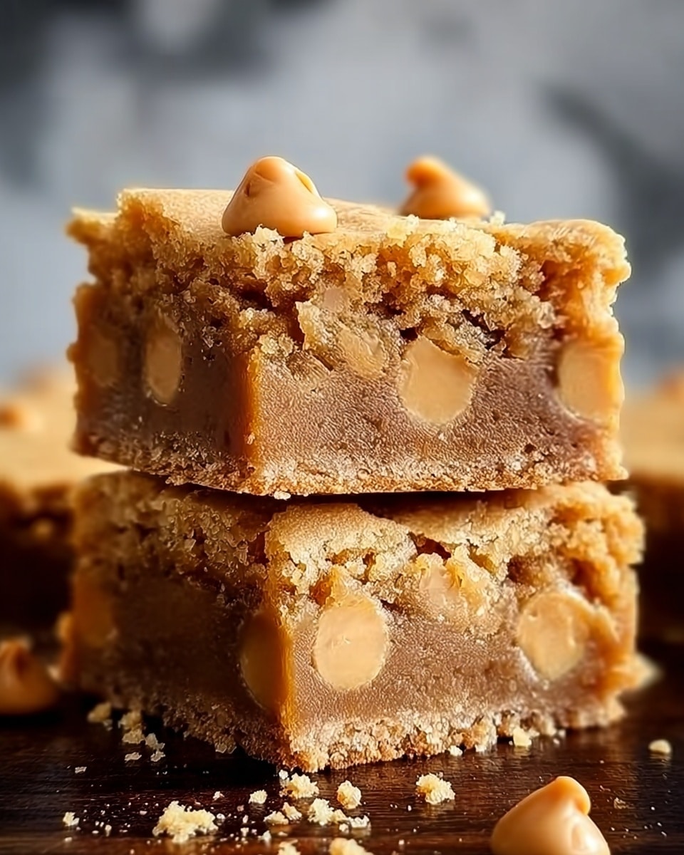 Two square blondies stacked on top of each other on a wooden surface with a blurred dark background. Each blondie has two clear layers: the bottom one is thick and gooey caramel-brown with embedded butterscotch chips, while the top layer is slightly crumbly and lighter tan with a few whole butterscotch chips scattered on top. The edges show a slightly crunchy texture with crumbs around the base. photo taken with an iphone --ar 4:5 --v 7
