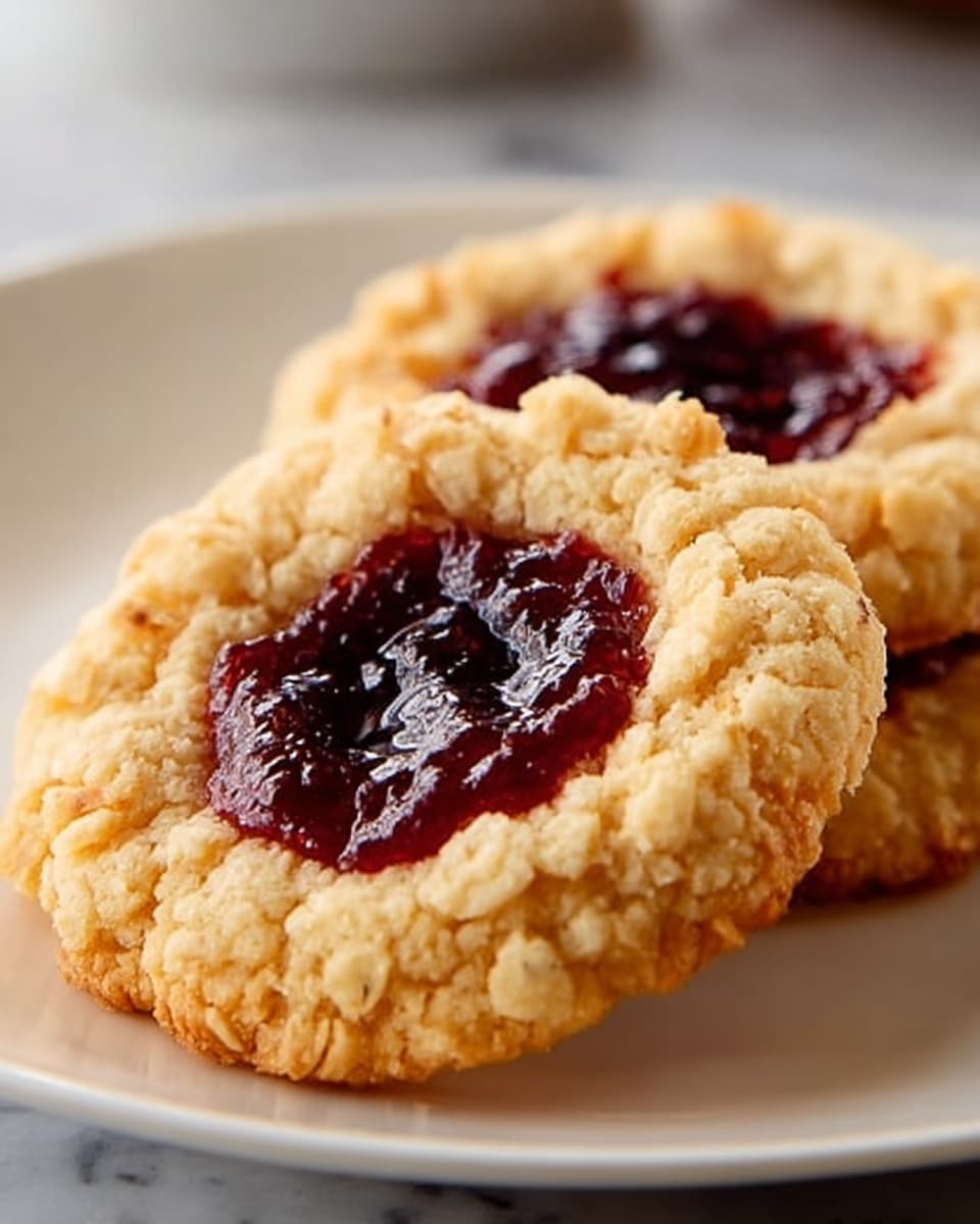 Two round cookies with rough, crumbly edges sit on a white plate on a white marbled surface. Each cookie has a golden-brown base with small visible bits of oats or nuts baked inside. In the center of the top cookie, there is a shiny, deep purple-red jam filling that looks thick and sticky, slightly sunken into the dough. The second cookie is partially covered by the top one, showing more of the crumbly texture and jam center. The lighting is warm and soft, making the cookies look fresh and tempting. Photo taken with an iphone --ar 4:5 --v 7