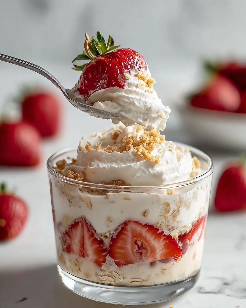 A clear glass bowl shows three main layers: at the bottom, a creamy mixture with oats in a light beige color; in the middle, a row of bright red sliced strawberries pressed against the glass; at the top, thick white whipped cream spread unevenly with small light brown crumb pieces sprinkled on it. A silver spoon holds a scoop of the whipped cream topped with a half strawberry, with some crumbs on it, lifted above the bowl. The background is a white marbled surface with some strawberries blurred in the distance. photo taken with an iphone --ar 4:5 --v 7