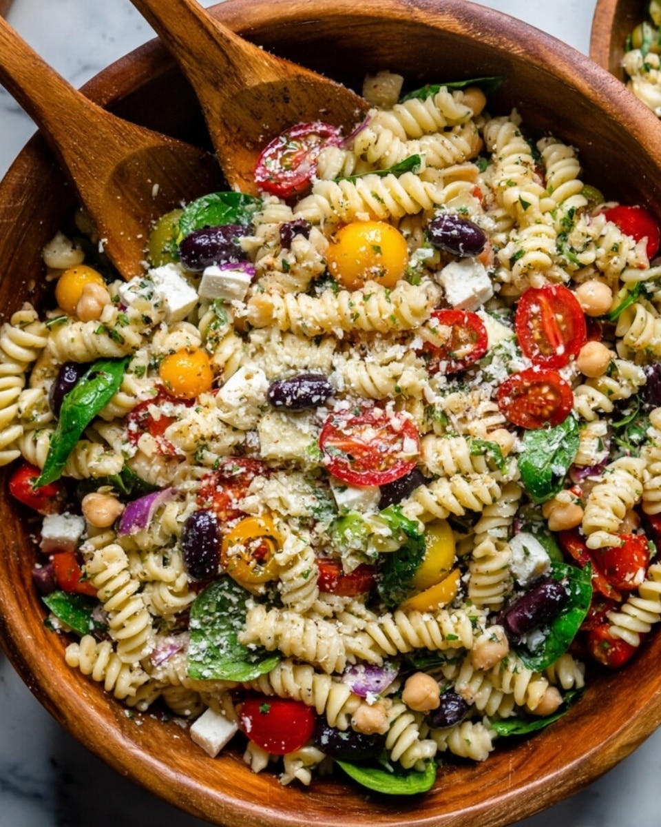 A large wooden bowl filled with a colorful pasta salad featuring multiple layers: the base is light cream-colored rotini pasta, mixed with deep red halved cherry tomatoes, dark purple olives, pale beige chickpeas, small cubes of white cheese, and bright green spinach leaves. Scattered throughout are pieces of yellow and red bell peppers, all topped with finely grated white cheese and sprinkled herbs giving a fresh and textured look. Two wooden spoons rest inside the bowl on a white marbled surface, enhancing the natural and fresh feel of the dish. Photo taken with an iphone --ar 4:5 --v 7