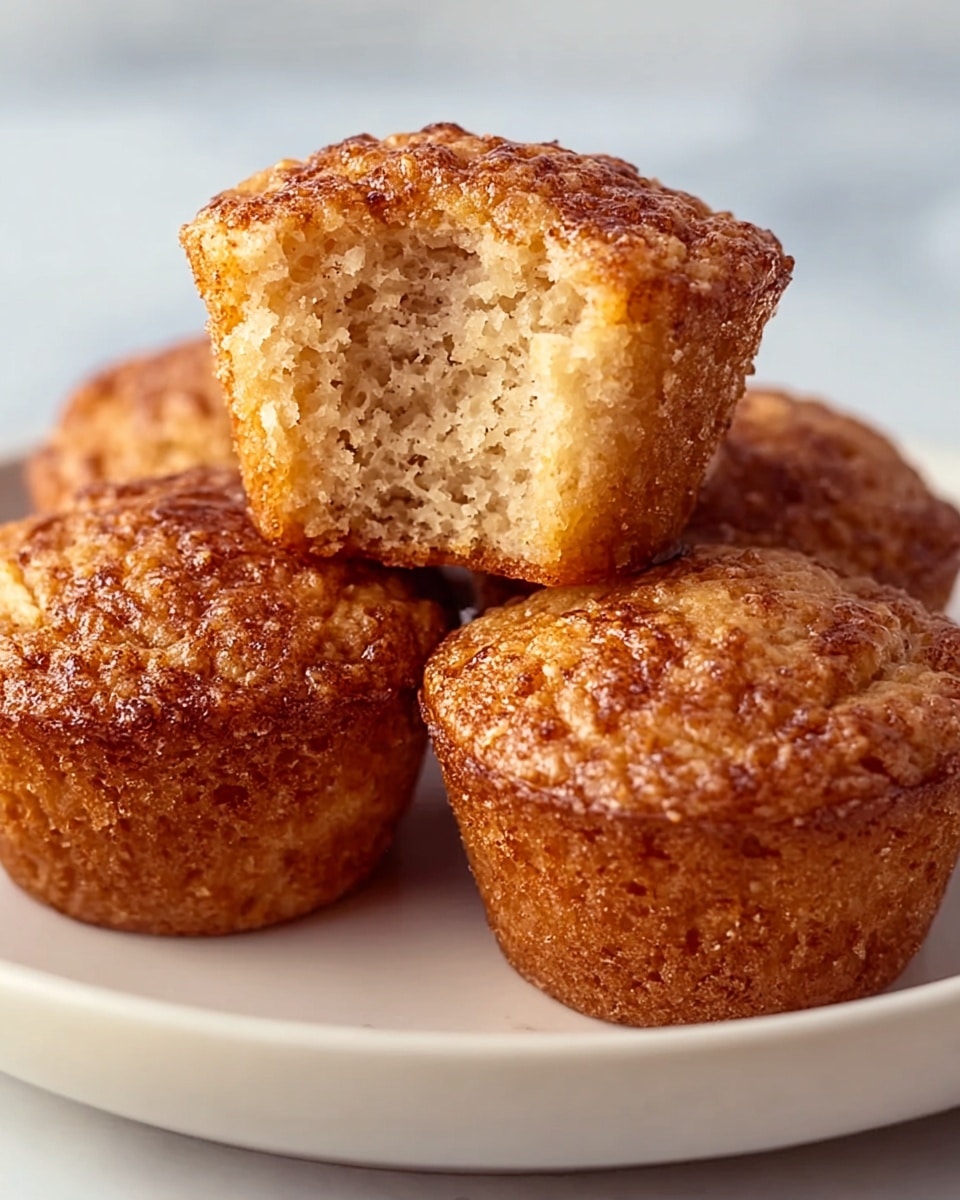 The image shows a close-up of five small muffins on a white plate. The muffins are golden brown with a slightly textured surface, looking moist and soft. One muffin is placed on top of another and has a bite taken out of it, revealing a light, fluffy inside with a fine crumb texture. The light reflects gently on the muffins, highlighting their warm color and slightly crisp edges, all set against a white marbled surface. photo taken with an iphone --ar 4:5 --v 7