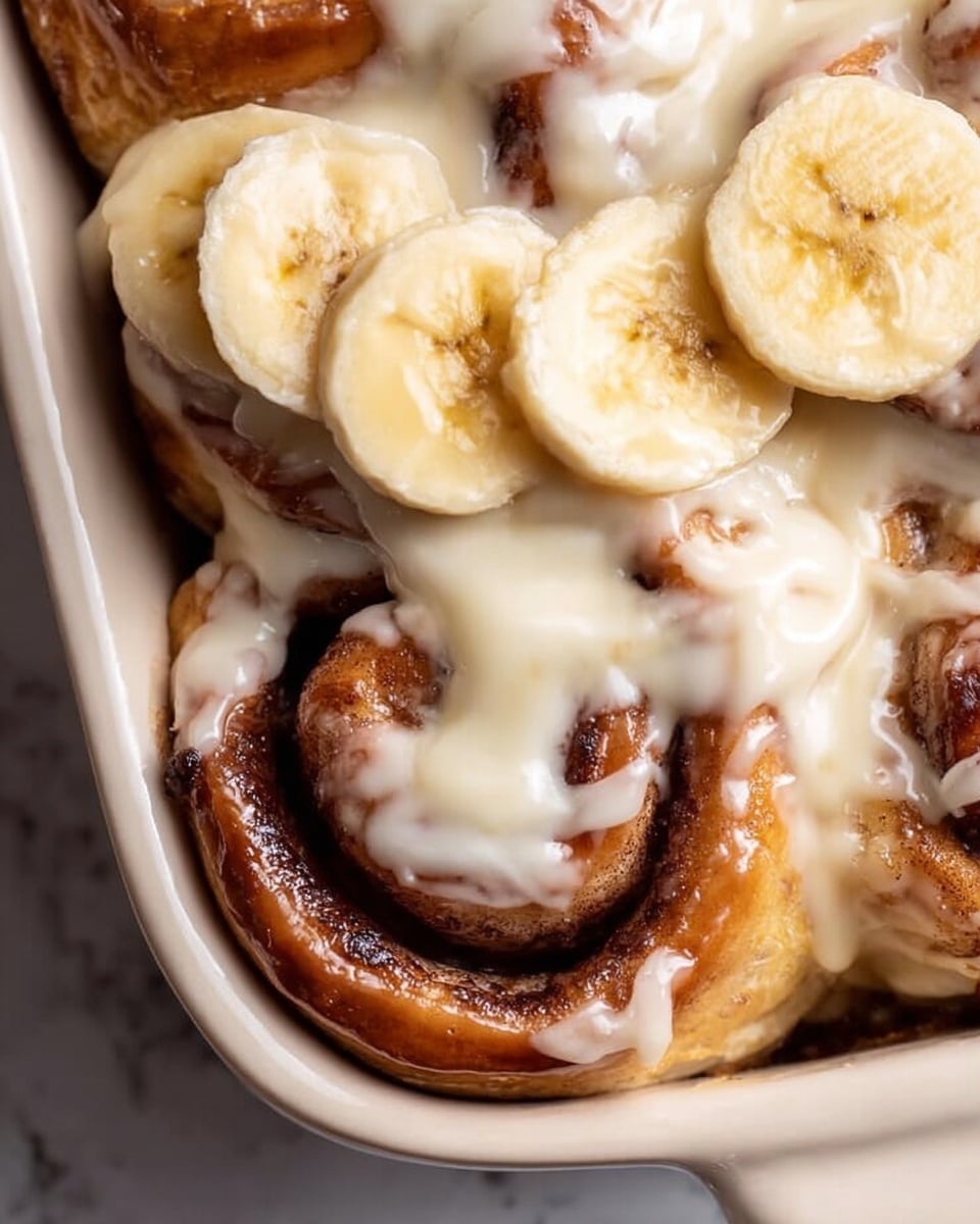 The image shows a close-up of cinnamon rolls layered in a white baking dish, each roll topped with thick, creamy white icing that spreads smoothly over the golden-brown swirls of cinnamon. The cinnamon rolls have a soft, slightly crunchy texture on the outer edges with dark brown cinnamon lines inside. There are slices of fresh banana scattered on top of and around the cinnamon rolls, adding a light yellow color and soft texture contrast. The background features a white marbled surface. photo taken with an iphone --ar 4:5 --v 7