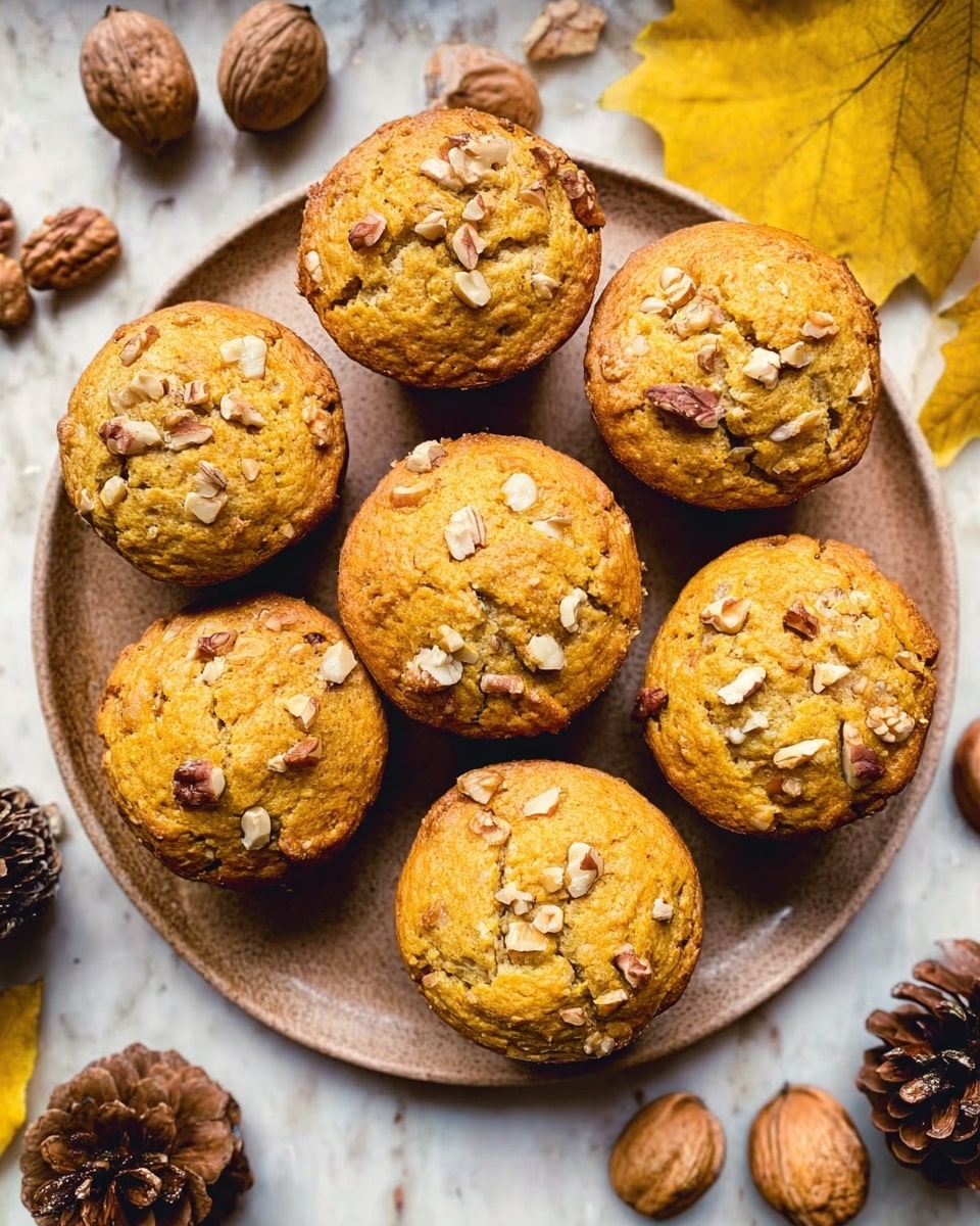 A white plate filled with seven golden-brown muffins, each topped with small chopped nuts. The muffins look soft and slightly cracked on top, showing a light, fluffy inside. The plate sits on a white marbled surface with a wooden texture underneath. Around the plate, there are scattered nuts, yellow and brown autumn leaves, and pinecones, adding a cozy, rustic feel. Photo taken with an iphone --ar 4:5 --v 7