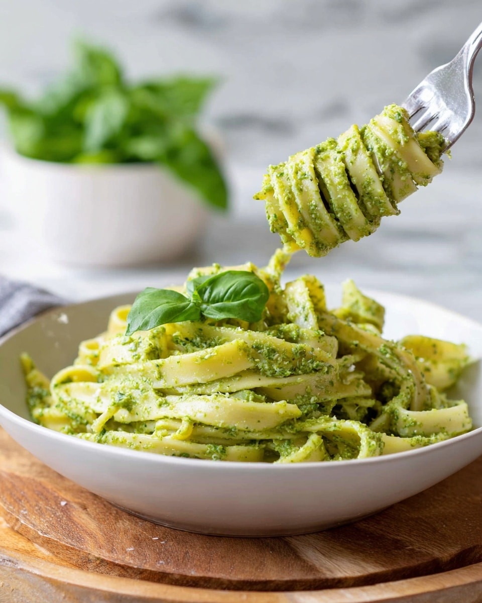 A white bowl filled with wide, flat fettuccine pasta coated in a thick, creamy green pesto sauce with visible bits of basil and cheese, topped with a few fresh basil leaves for garnish. A fork lifts a small twirl of the pasta above the bowl, showing the sauce's textured coating on the noodles. The bowl sits on a wooden board, and in the front right corner, a small white bowl holds fresh green basil leaves. The background features a blurred white marbled texture. Photo taken with an iphone --ar 4:5 --v 7