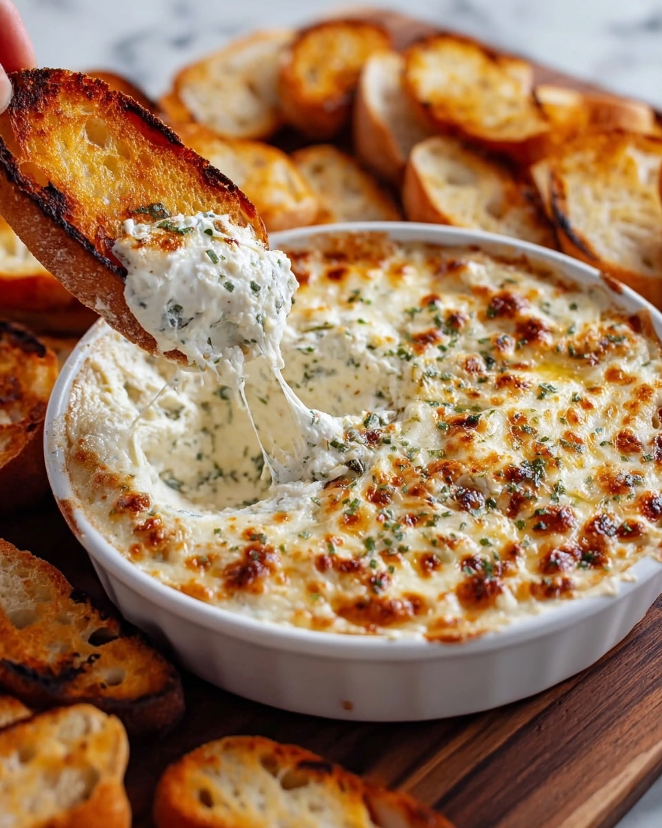 A round white bowl filled with a creamy white dip, topped with a golden brown melted cheese layer with small browned spots and green herb flakes scattered on top. The dip inside shows a soft, thick texture, and a scoop has been taken out from the center, revealing the creamy white layer underneath with herbs. A woman's hand holds a toasted baguette slice dipped into the creamy part, stretching a bit of the dip. Around the bowl, there are many slices of toasted baguette, golden brown with some darker grill marks, resting on a dark wooden surface. The background is a white marbled texture. photo taken with an iphone --ar 4:5 --v 7