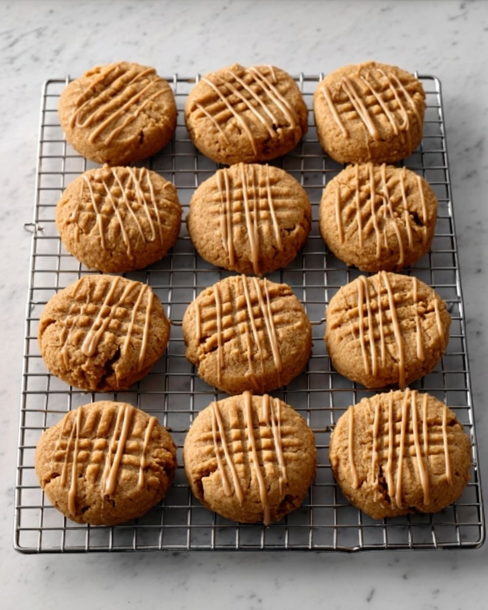 The image shows twelve round cookies arranged neatly on a silver cooling rack. Each cookie has a light brown color with a slightly textured surface and subtle ridges on top. There is a drizzle of a darker caramel-colored sauce thinly covering each cookie in small curved lines. The cooling rack is placed on a white marbled surface with a smooth texture. The lighting highlights the warm tones and soft texture of the cookies, making them look fresh and inviting. photo taken with an iphone --ar 4:5 --v 7