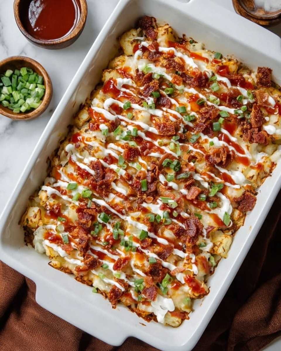 A white rectangular dish filled with a layered casserole starting with a base of golden roasted potatoes, topped with melted orange and white cheese, crispy brown bacon pieces, and sliced green onions scattered on top. White creamy sauce is drizzled across the top in diagonal lines, with another drizzle of a reddish sauce adding color contrast. The dish is placed on a white marbled surface with a brown cloth napkin partially visible on the side. A white bowl with a creamy white sauce and a small round bowl with red sauce are next to the dish. photo taken with an iphone --ar 4:5 --v 7