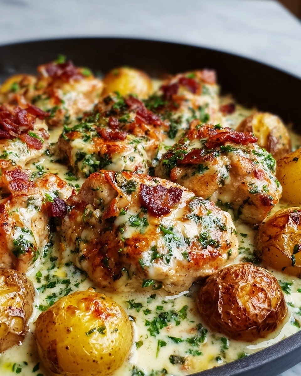 The image shows a close-up of a dish in a white bowl filled with several golden-brown roasted potatoes and pieces of grilled chicken topped with melted cheese, crispy bits of bacon, and finely chopped green herbs. The chicken pieces have a slightly charred texture with the cheese bubbling and browning in spots. The potatoes have smooth, shiny skins with some darker roasted patches. The whole dish is covered in a creamy sauce that pools at the bottom, adding a glossy finish. photo taken with an iphone --ar 4:5 --v 7