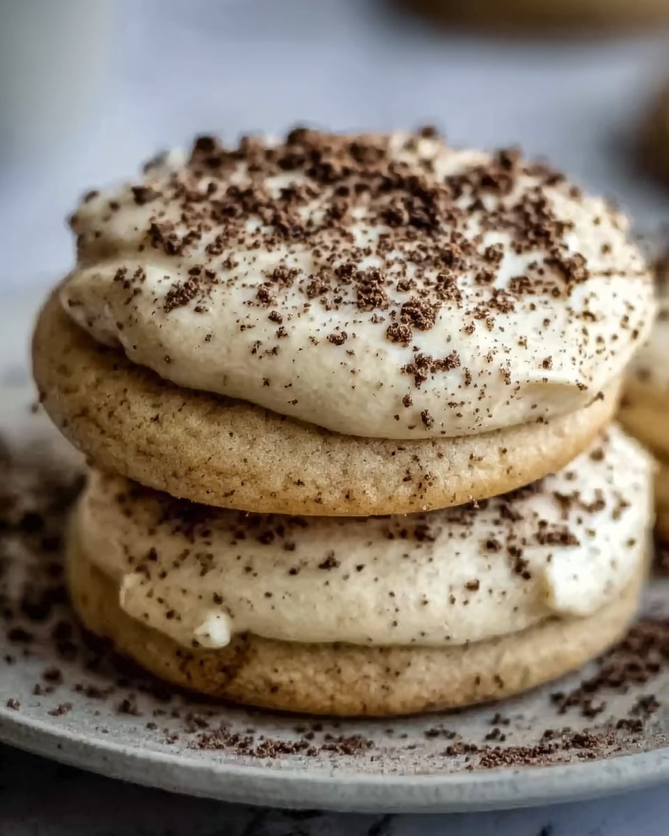 The image shows two round cream puffs stacked on a white plate, each puff having a light brown, smooth, and slightly shiny outer layer. The top cream puff is topped with a thick layer of creamy white frosting that is swirled and sprinkled with fine chocolate powder. The bottom puff appears plain with a soft texture. The background is a white marbled surface with soft lighting that highlights the creamy texture and delicate dusting on the top. Photo taken with an iphone --ar 4:5 --v 7