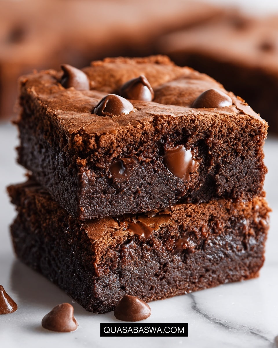 The image shows two thick square brownies stacked on top of each other. Each brownie has a cracked yet soft-looking dark brown surface with several glossy chocolate chips partially melted and embedded on the top and inside layers. The inside of each brownie appears very moist and rich, almost fudgy, with extra chocolate chips visible throughout the dense texture. The brownies rest on a white marbled surface, highlighting their deep chocolate color and soft edges. photo taken with an iphone --ar 4:5 --v 7