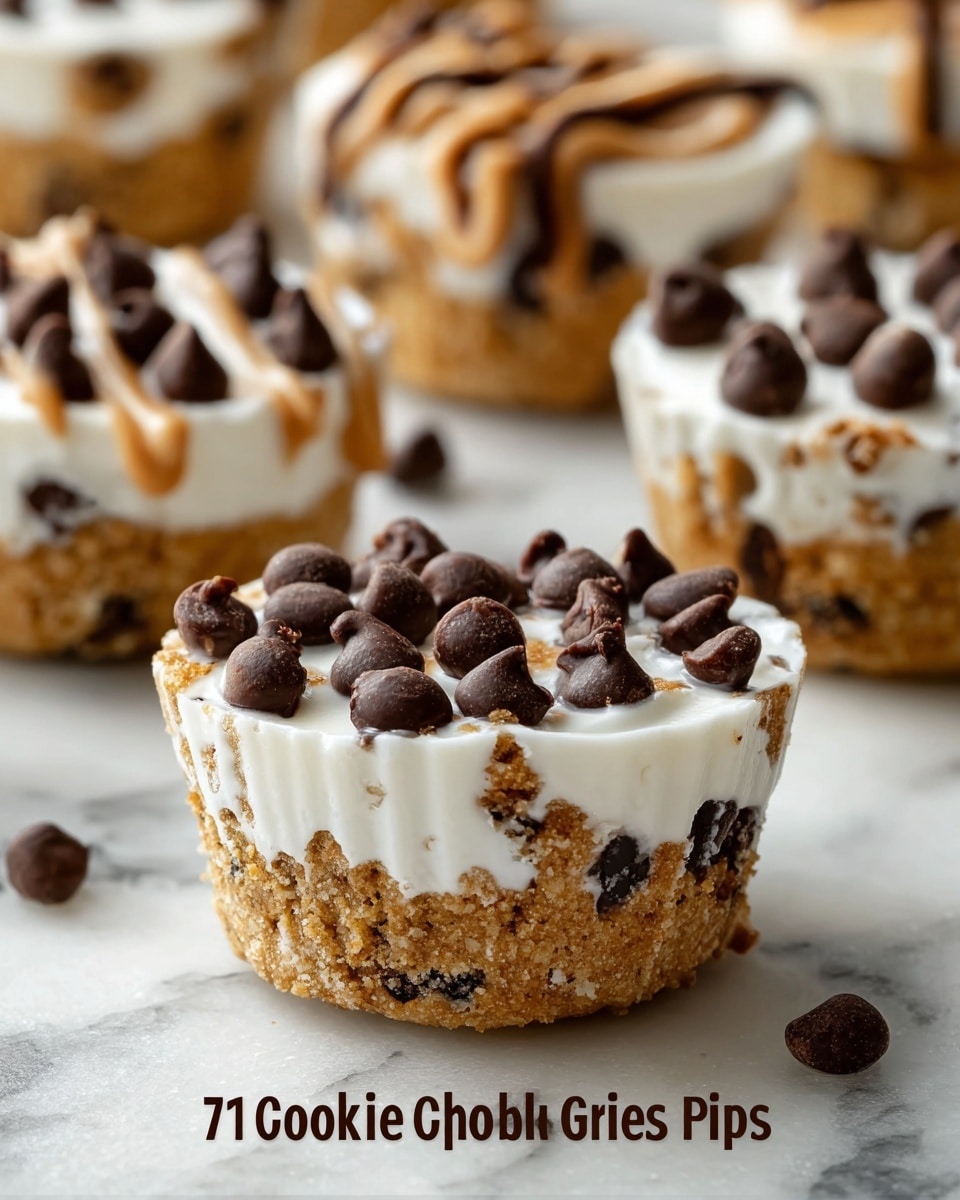 The image shows cookie cups with three visible layers. The bottom layer is a thick, crumbly cookie crust in a light brown color, forming the base and sides of each cup. The middle layer is a dense, creamy filling with a light beige color embedded with small dark chocolate chips, making it look smooth but textured. The top layer is a fluffy white whipped cream or frosting, dotted generously with glossy dark chocolate chips and drizzled with chocolate or caramel sauce on some cups. One cookie cup is cut open to show the inside layers clearly, while others are whole, sitting on a white marbled surface. The lighting highlights the creamy textures and chocolate chips, making the cookie cups look rich and inviting. photo taken with an iphone --ar 4:5 --v 7