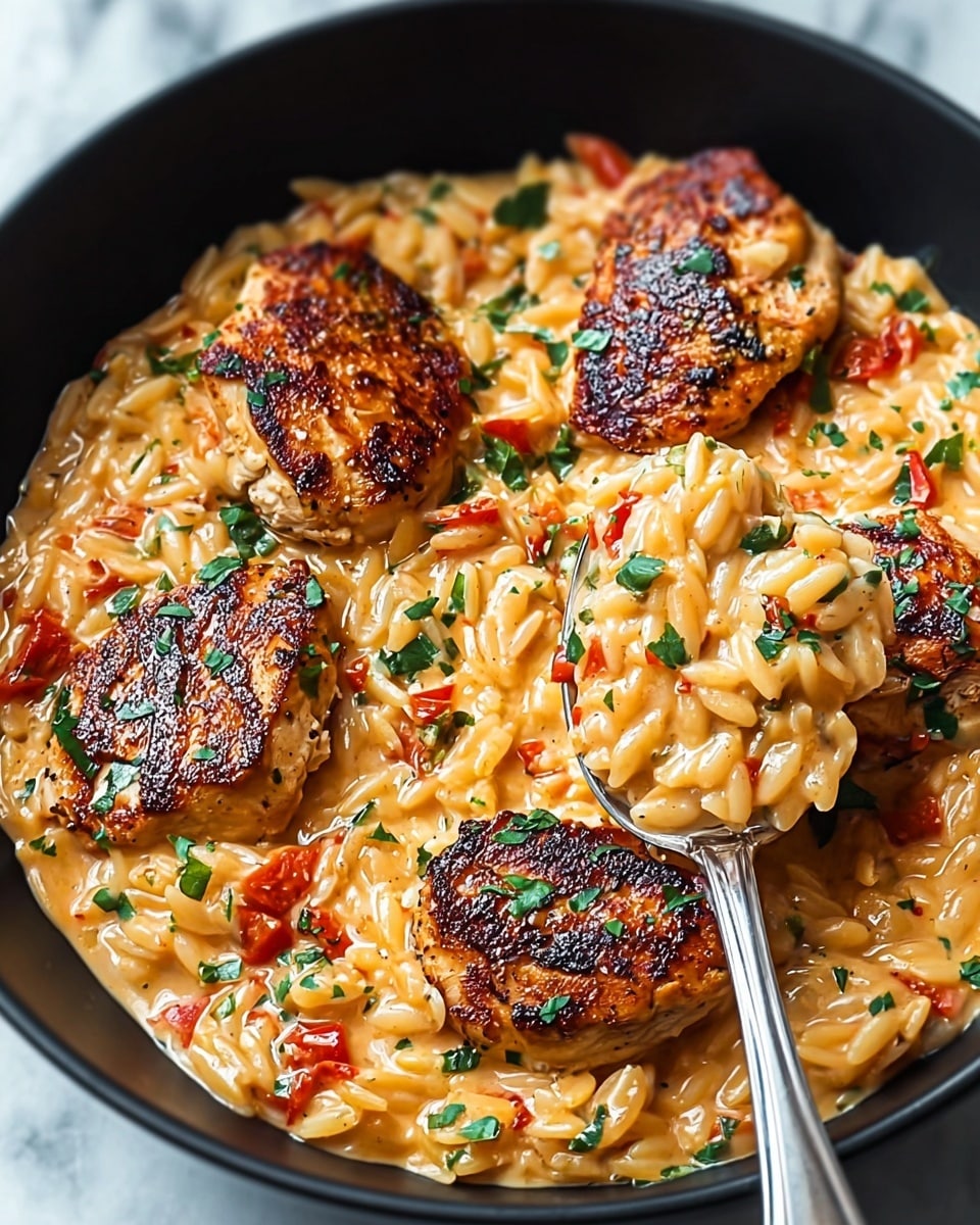 A black bowl filled with creamy orzo pasta showing a rich beige color, mixed with small pieces of red tomatoes and green herbs throughout. On top, there are four seared chicken pieces with a golden-brown crust and black specks, scattered evenly. A silver fork lifts a spoonful of the creamy orzo, highlighting the smooth texture and mixed ingredients within the dish. The bowl is set on a white marbled surface. photo taken with an iphone --ar 4:5 --v 7