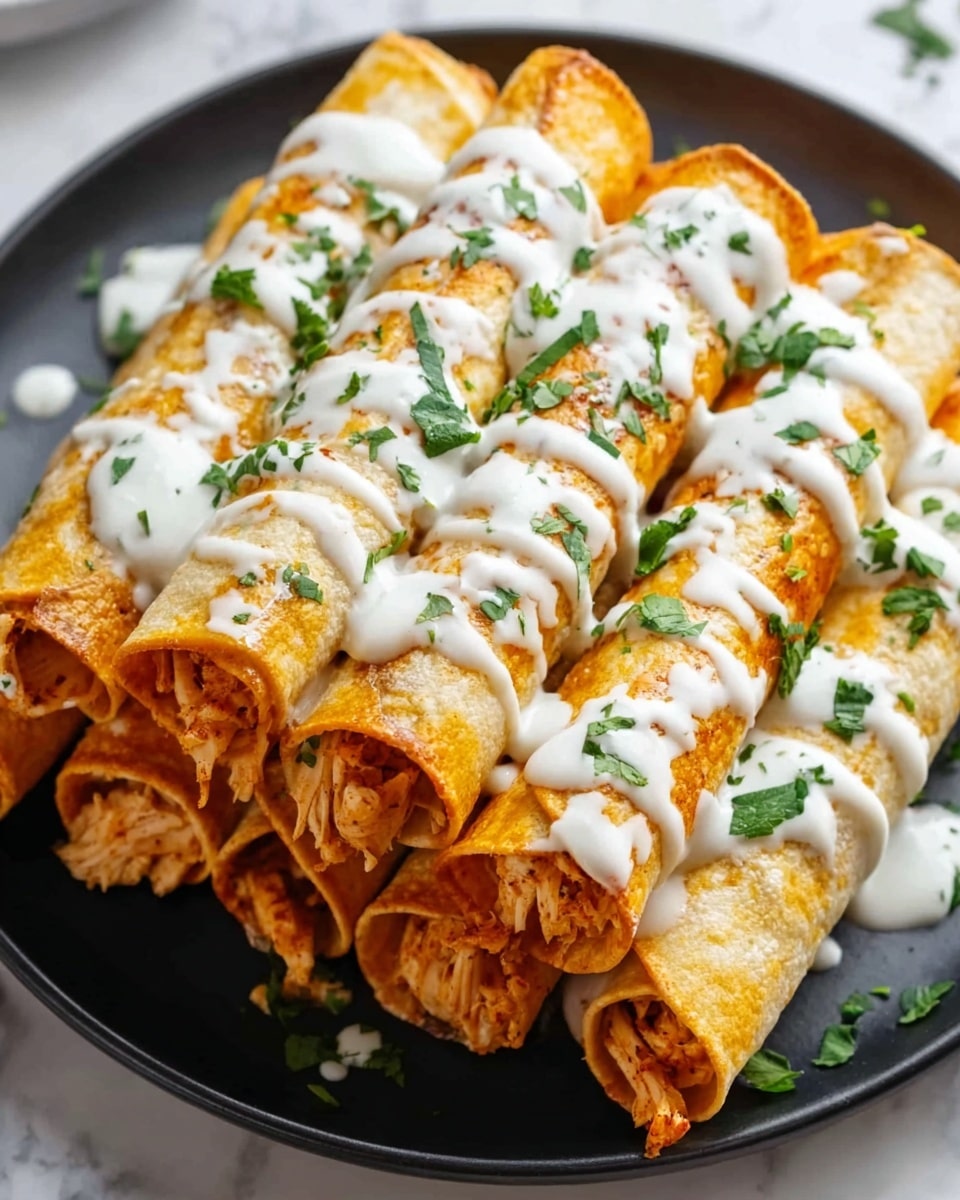 The image shows a white plate filled with six rolled taquitos arranged in two layers. Each taquito is golden brown and crispy, filled with shredded chicken visible at the ends. A white creamy sauce is drizzled over the top of all the taquitos, and small green cilantro leaves are sprinkled evenly over the sauce, adding a fresh color contrast. The plate is set on a white marbled surface. Photo taken with an iphone --ar 4:5 --v 7