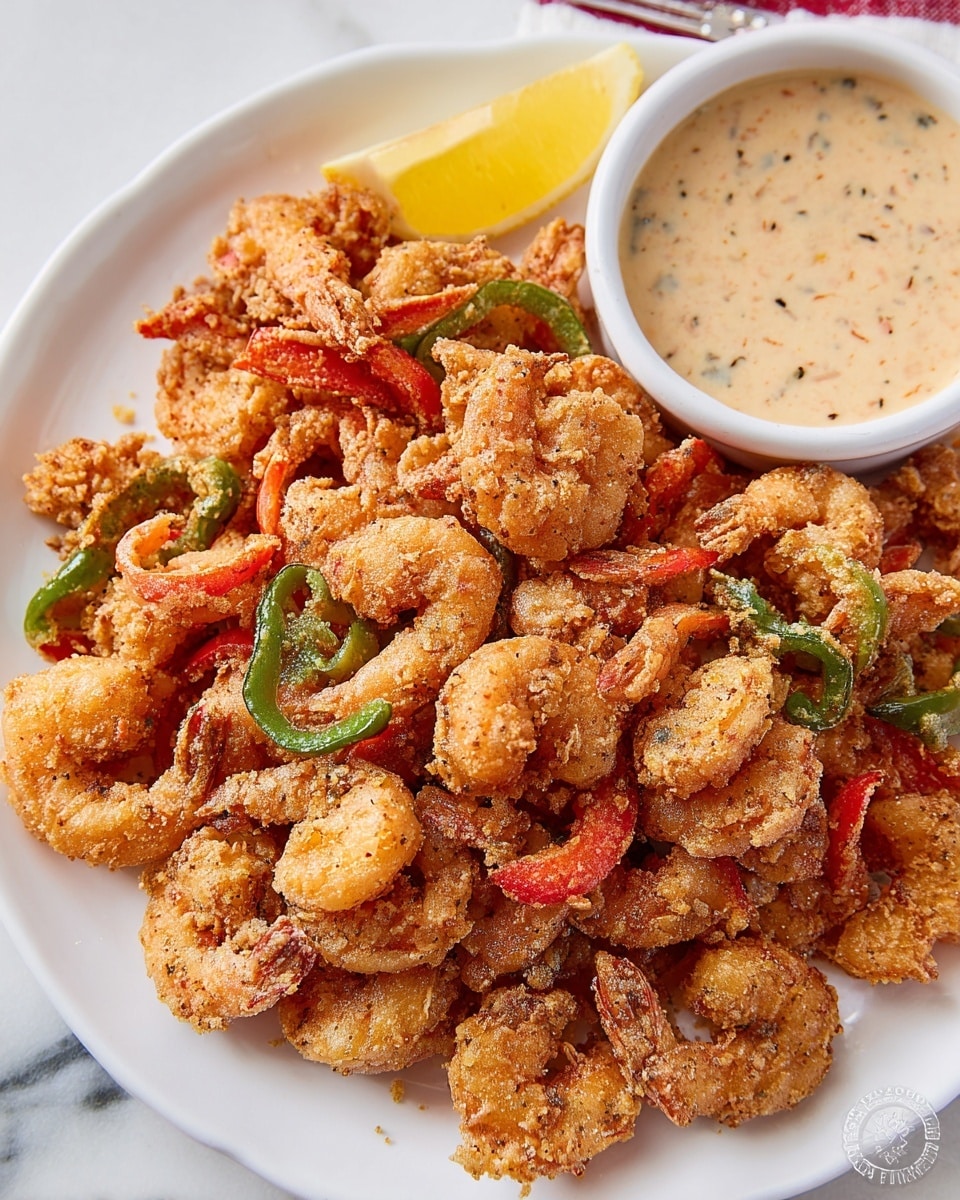 The image shows a white plate filled with a pile of golden brown fried shrimp mixed with crispy red and green bell pepper strips. The shrimp and peppers have a crunchy, crumb-coated texture sprinkled with herbs and spices. On the bottom right of the plate, there is a bright yellow lemon wedge. To the left, part of a white bowl with creamy dipping sauce speckled with small bits is visible. The plate sits on a white marbled surface with soft lighting highlighting the crispy details. Photo taken with an iphone --ar 4:5 --v 7
