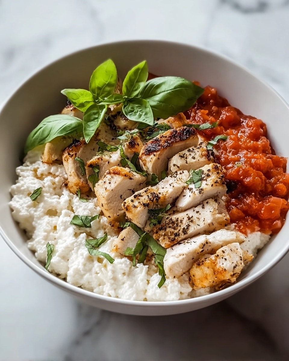 A white bowl contains a three-layered dish: the bottom layer is creamy white cottage cheese with a slightly bumpy texture, topped with neatly sliced grilled chicken breast pieces that are golden brown with black pepper and green herbs sprinkled over them, and a dollop of thick, chunky red tomato sauce is placed to one side, finishing with fresh green basil leaves on top. The bowl is set on a white marbled surface. photo taken with an iphone --ar 4:5 --v 7