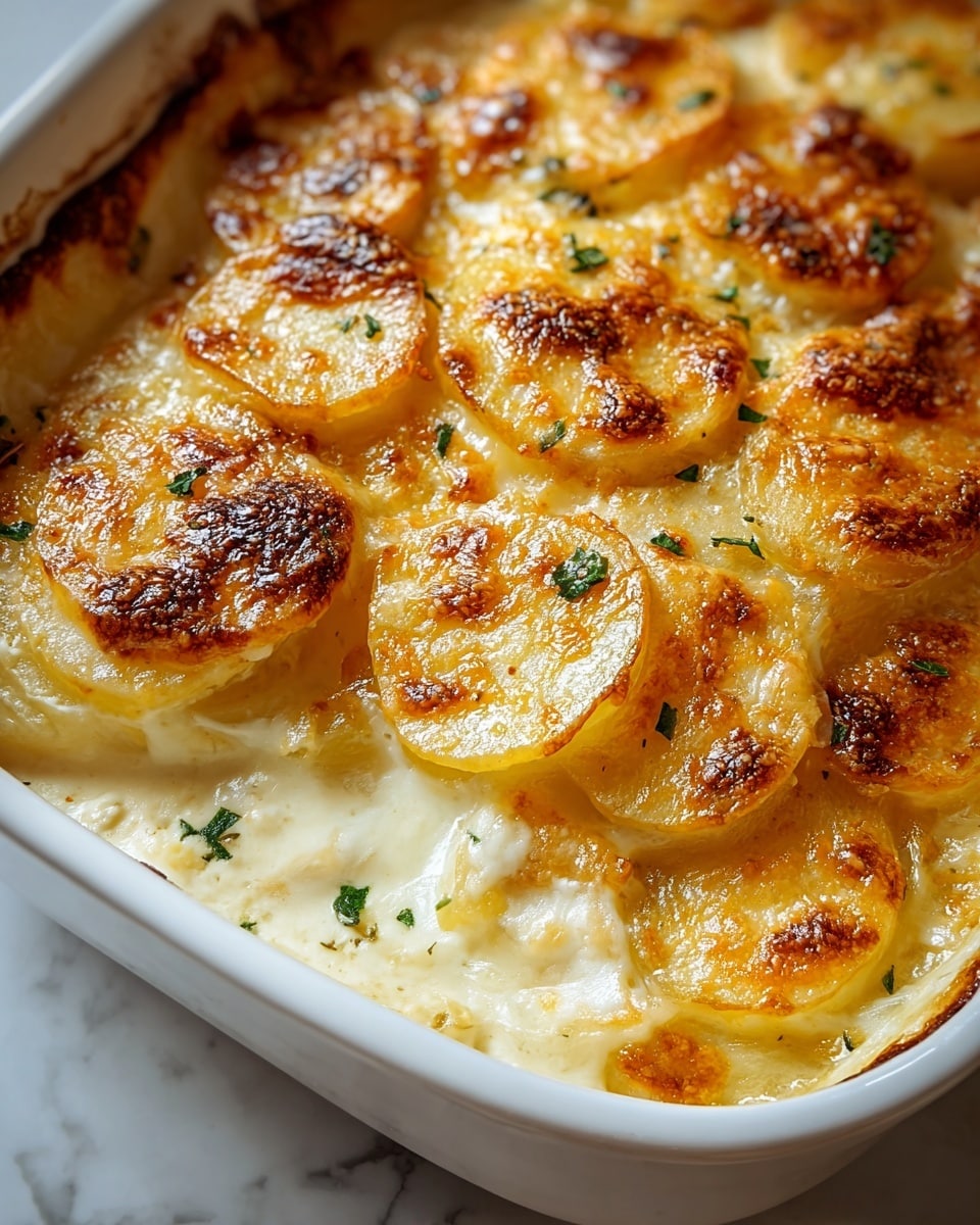 The dish shows a white baking dish filled with creamy scalloped potatoes arranged in at least three visible layers. The top layer is made of thin, round potato slices that are golden brown and crispy, with slightly caramelized edges and small patches of melted cheese. Below the top are creamy, white layers of cooked sliced potatoes and cheese sauce with a smooth, rich texture. Small green herb bits are sprinkled on top and scattered lightly throughout the dish, adding a touch of color and freshness. The background is a white marbled surface. Photo taken with an iphone --ar 4:5 --v 7
