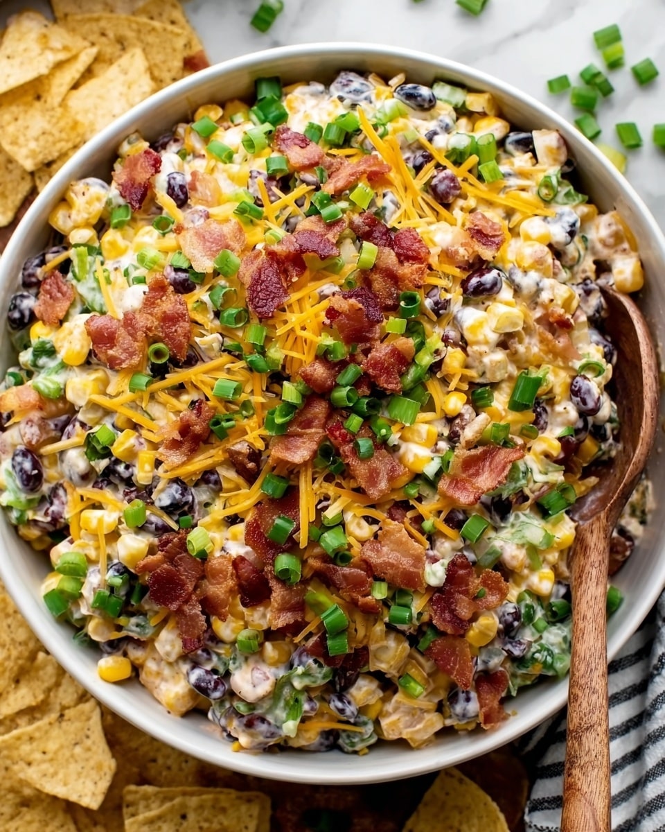 A round white bowl filled with a colorful layered salad, consisting of a mix of golden yellow corn kernels, black beans, shredded cheddar cheese in orange, creamy white dressing, and crispy pieces of reddish-brown bacon. There are fresh bright green chopped scallions sprinkled over the top. A wooden spoon is partly buried in the mixture inside the bowl. The bowl is placed on a white marbled surface with some tortilla chips visible around it. Photo taken with an iphone --ar 4:5 --v 7