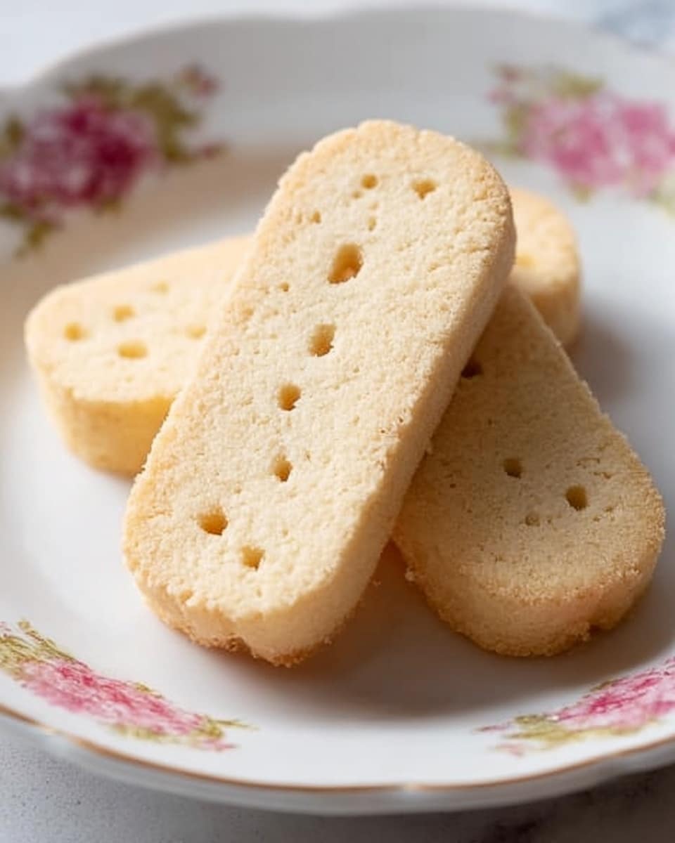 The image shows three shortbread cookies stacked on a white plate with a floral pink and green design around the edge. The cookies are light golden brown with a slightly crumbly texture, each having six small evenly spaced holes on the surface. The top cookie is tilted, resting on two others that lie flat. There is a fine dusting of sugar crystals giving a slight sparkle to the cookies. The plate is set on a white marbled textured surface, giving a clean and soft contrast to the warm tones of the shortbread. Photo taken with an iphone --ar 4:5 --v 7
