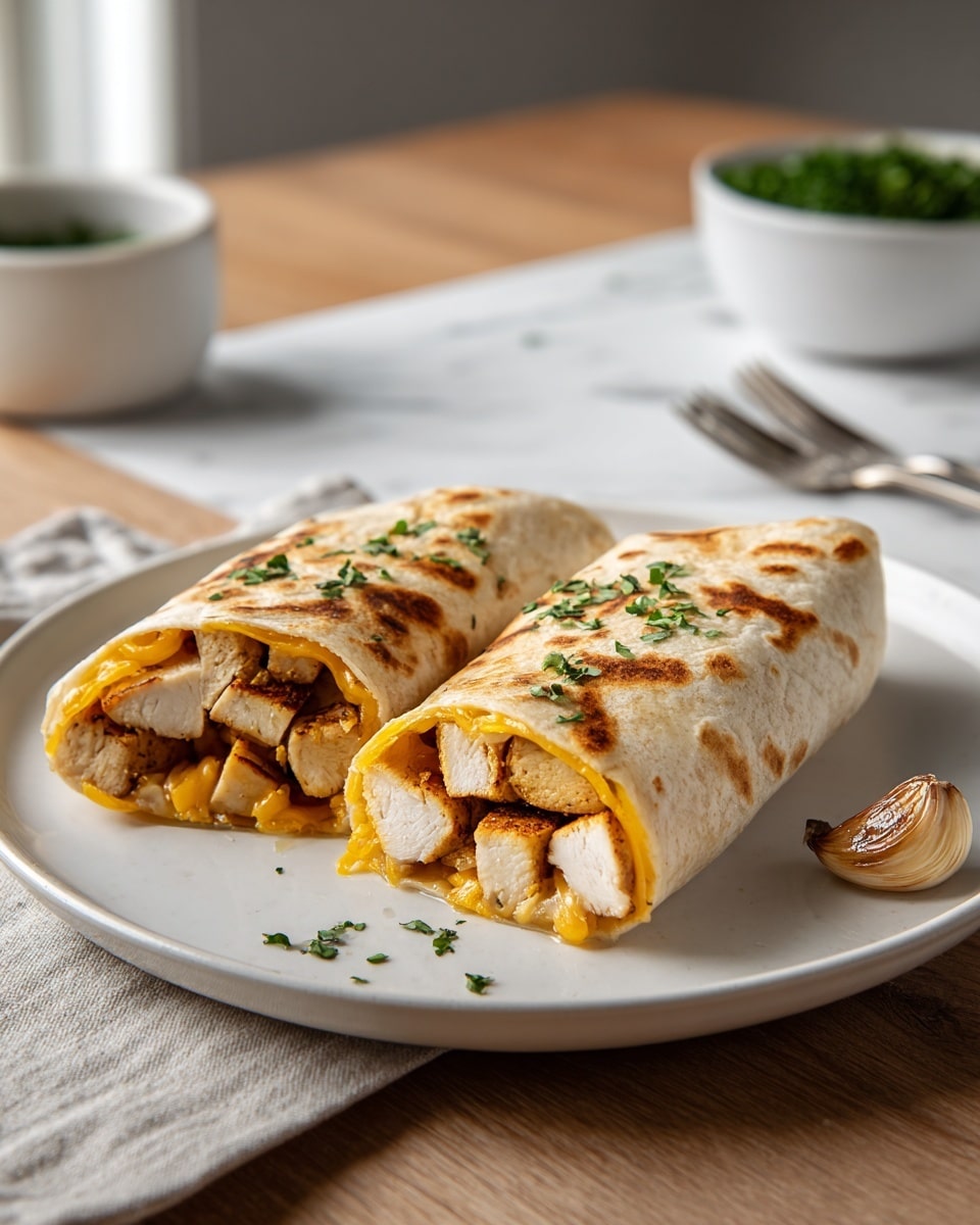 Two toasted burrito halves sit stacked on a round white plate with a slightly speckled rim, placed on a wooden surface replaced by a white marbled texture. Each burrito is filled with three visible layers: the outer layer is a golden brown toasted tortilla, inside are chunks of grilled white chicken with light char marks, and melted orange cheese interspersed between the chicken pieces. Small green herb bits are sprinkled over the burritos and plate. In the blurred background, there is a white bowl with green herbs and cutlery on a white cloth. Photo taken with an iphone --ar 4:5 --v 7