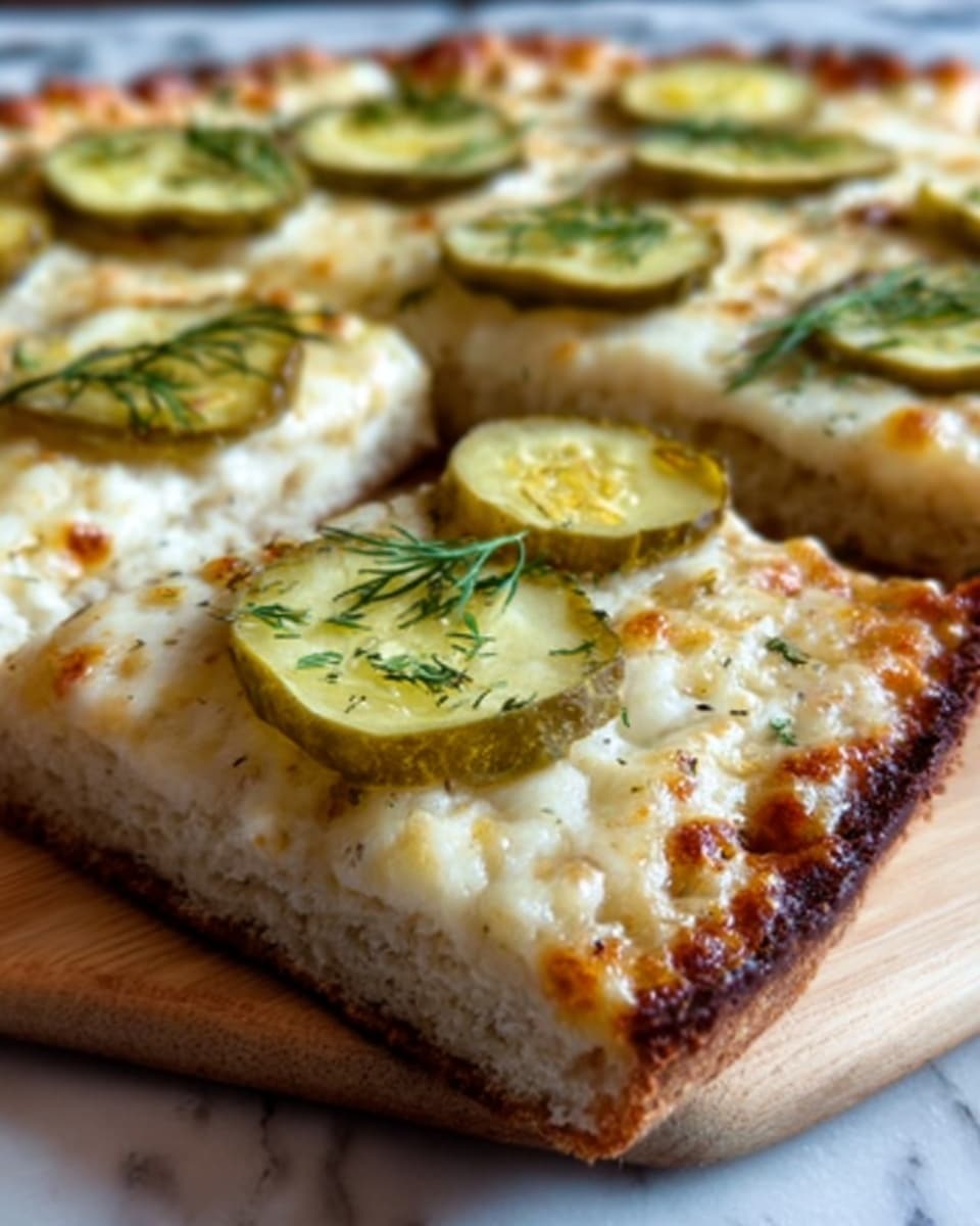 A close-up view of a square slice of pizza with a golden brown crust at the bottom, topped with a thick layer of melted white cheese that looks soft and stretchy. On top, there are thin, round slices of pickles spread evenly across the cheese, with small sprigs of fresh green dill scattered over them. The pizza slice sits on a light wooden board with a white marbled surface in the background. Photo taken with an iphone --ar 4:5 --v 7