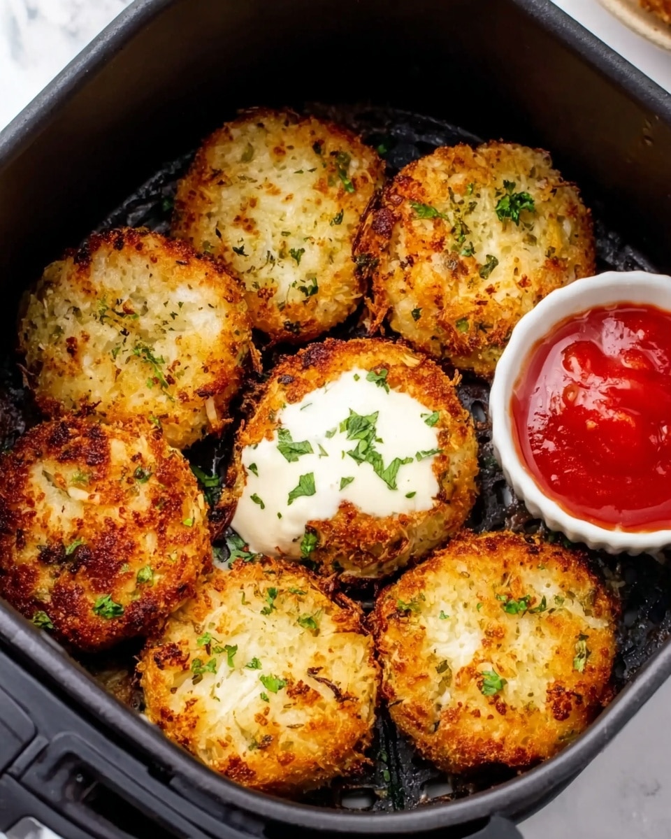 A close-up of seven golden brown, crispy crab cakes arranged in a circular pattern inside a black air fryer basket. In the middle, there is a dollop of creamy white sauce, soft and smooth, with some fresh chopped green herbs sprinkled over the crab cakes. At the top right corner, a small white bowl filled with bright red dipping sauce is partially visible, and a woman's hand is holding the bowl, about to dip. The background is a white marbled texture. Photo taken with an iphone --ar 4:5 --v 7