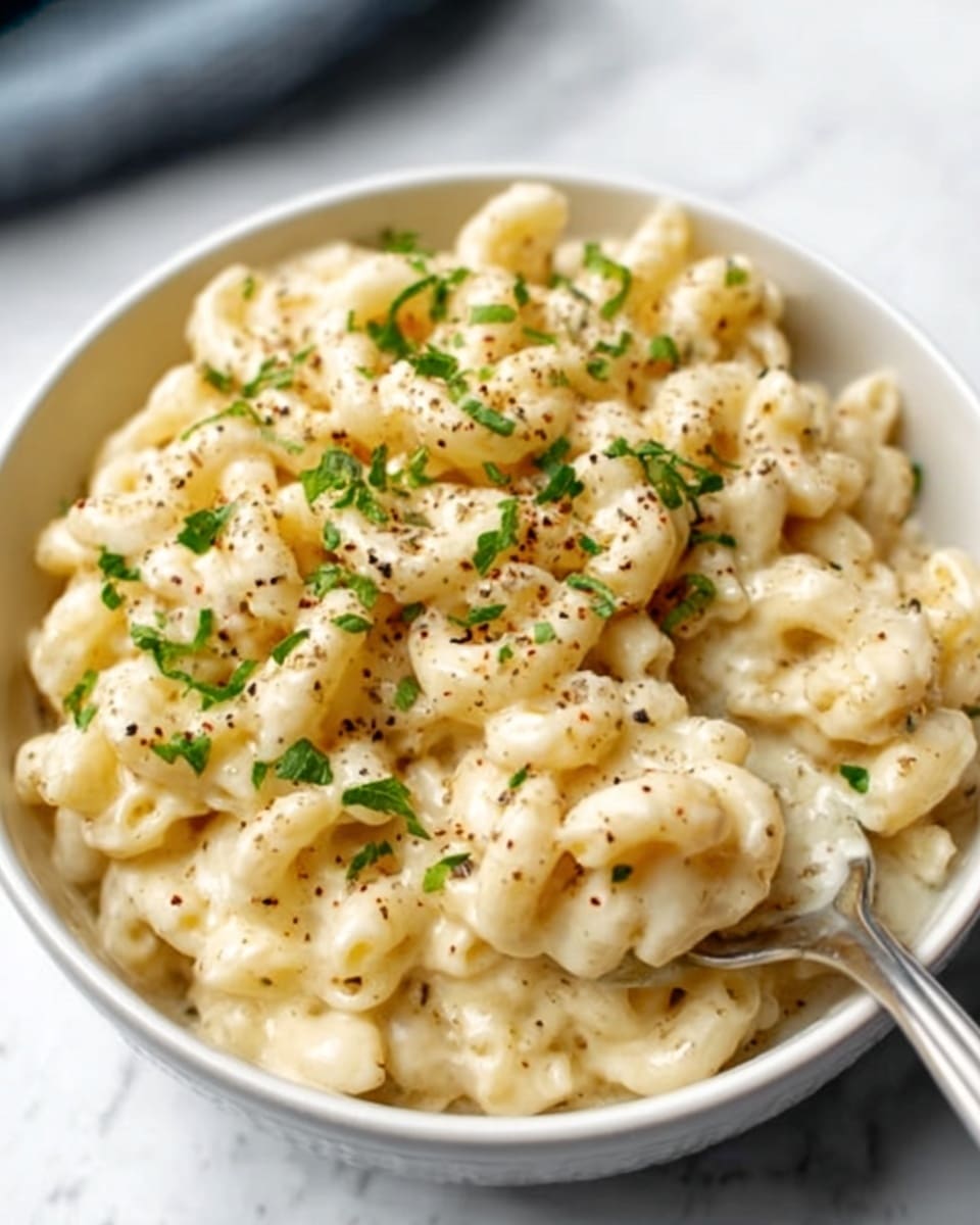 The image shows a close-up of a white bowl filled with creamy macaroni and cheese pasta. The dish has small spiral-shaped pasta coated in a thick, light yellow cheese sauce with specks of black pepper and green chopped herbs sprinkled on top. A silver spoon is inside the bowl, partially scooping the pasta. The bowl is placed on a larger blue plate, both resting on a white marbled surface. photo taken with an iphone --ar 4:5 --v 7