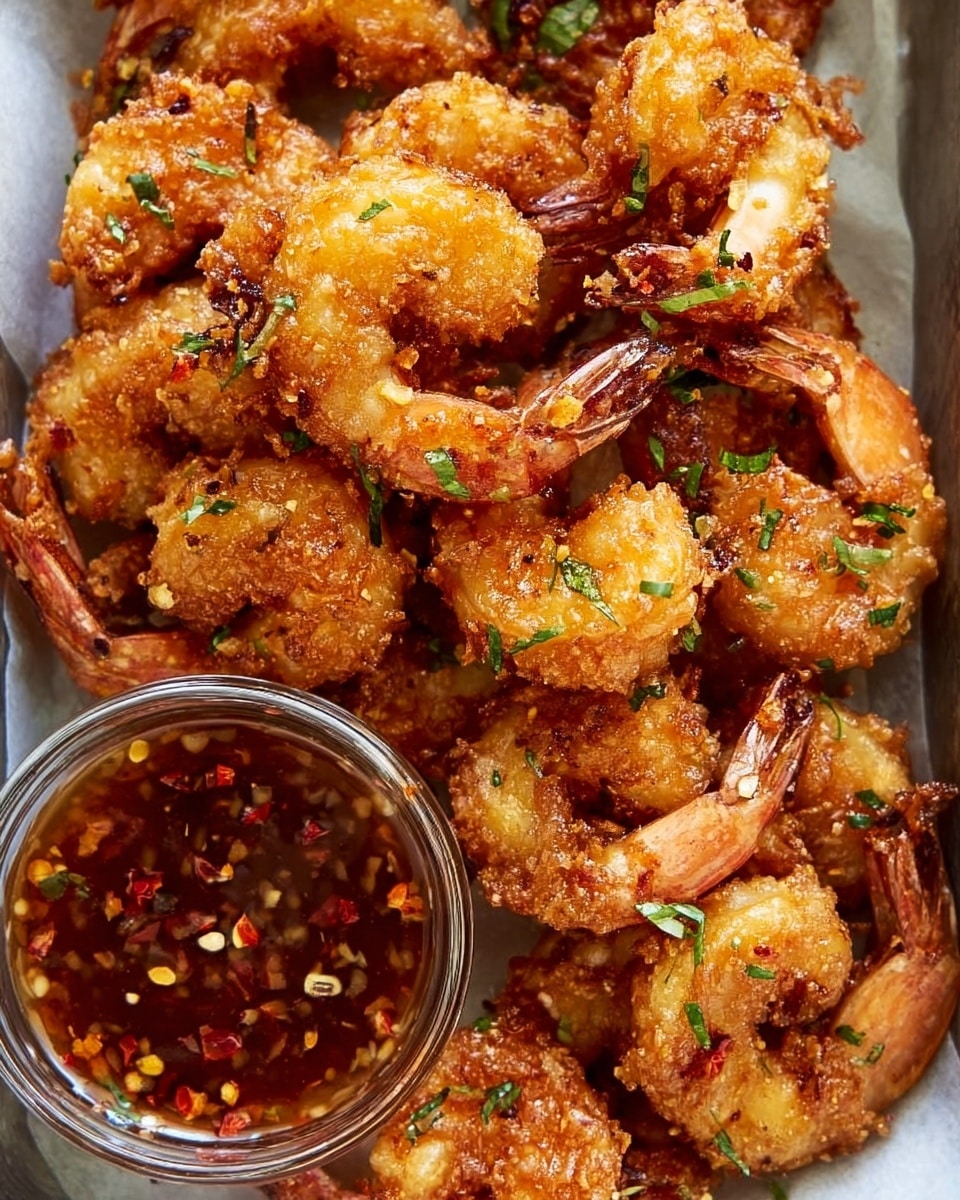 A close-up of a tray filled with golden brown fried shrimp that have a crispy, textured coating and are garnished with small green herbs and bits of seasoning. The shrimp are piled closely together, covering most of the tray, with a small clear glass bowl filled with a reddish-brown dipping sauce speckled with red chili flakes positioned near the bottom left corner. The tray sits on a white marbled surface, and the overall look is warm and inviting. Photo taken with an iphone --ar 4:5 --v 7