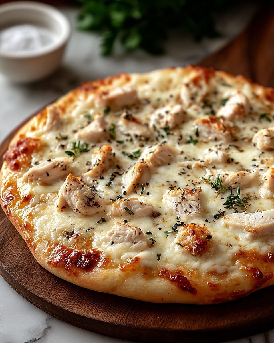 A close-up view of a round chicken pizza placed on a wooden board atop a white marbled surface. The pizza has a thick, golden crust with slightly browned, bubbling edges. The first layer is melted white cheese that covers the entire pizza, showing hints of lightly browned spots. Scattered evenly across the cheese are small chunks of grilled chicken, white with charred edges and black pepper seasoning. Fresh green sprigs of herbs are dotted on top, adding a touch of color. The background shows a white bowl filled with flour and some greenery slightly blurred. Photo taken with an iphone --ar 4:5 --v 7