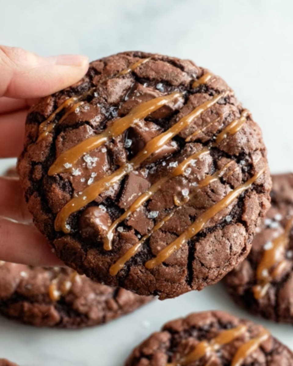 A close-up of a round chocolate cookie held by a woman's hand, showing a rich dark brown color with large melted chocolate chips spread across the surface that look glossy and soft. The cookie has a slightly cracked texture on top, with a drizzle of light brown caramel sauce forming thin lines across the center. The cookie is placed over a white marbled surface with out-of-focus cookies in the background, highlighting the main cookie's texture and colors. Photo taken with an iphone --ar 4:5 --v 7