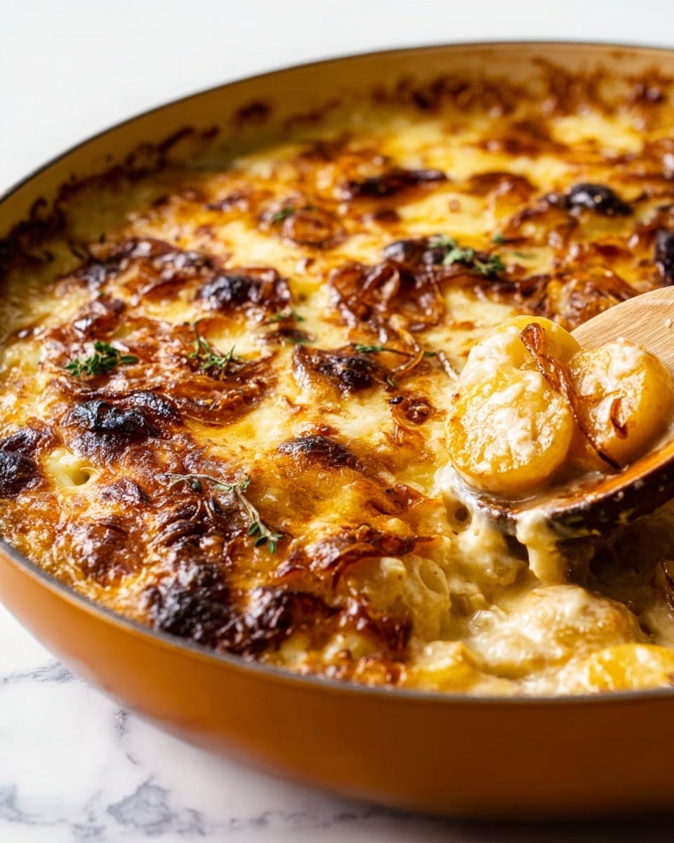 The dish is a close-up of a skillet filled with bubbling baked gnocchi covered in melted cheese and a rich, golden brown sauce. The top layer is thick, gooey cheese with browned spots and a slightly crispy texture. Below the cheese, soft, plump gnocchi pieces can be seen coated with a glossy, caramelized onion and sauce mixture, creating a sticky and savory look. A wooden spoon is scooping some of the cheesy gnocchi from the skillet, showing the texture of the sauce and cheese as it pulls away. The skillet is white on the inside with a smooth orange outer surface and is placed on a white marbled surface. photo taken with an iphone --ar 4:5 --v 7