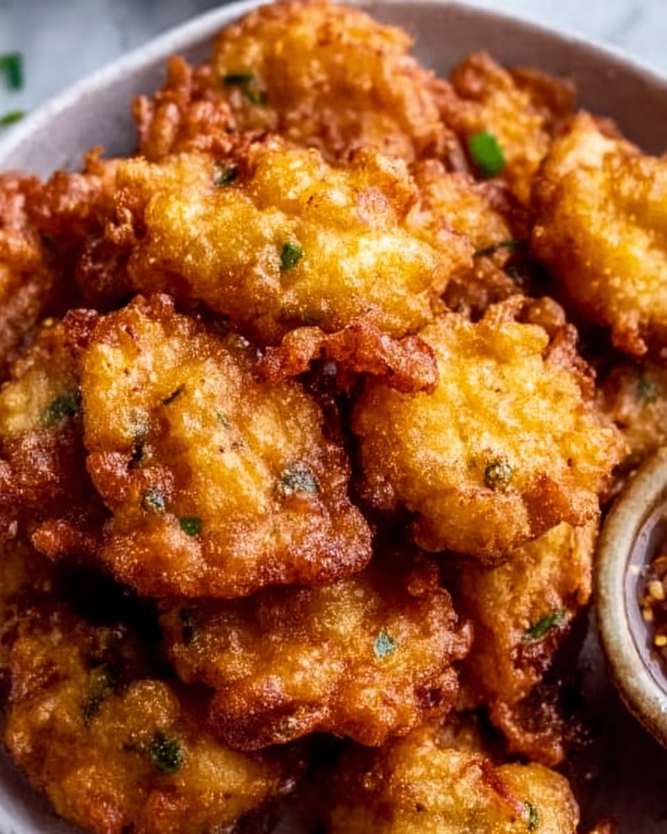 The image shows a close-up of golden brown fried fritters stacked on top of each other in a white bowl, each fritter crispy with a rough texture and small bits of green herbs visible inside. The fritters have an uneven shape with a crunchy, bubbly surface and a few lighter spots where the batter is thinner. The bowl sits on a white marbled surface, with a glimpse of a woman's hand reaching from the side to pick one. photo taken with an iphone --ar 4:5 --v 7