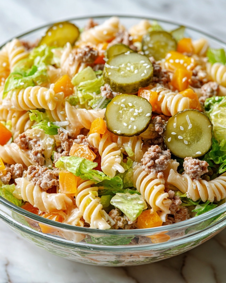 A close-up view of a clear glass bowl filled with a colorful pasta salad on a white marbled surface. The salad has spiraled pasta in a creamy pale yellow, mixed with ground brown meat pieces, bright orange and yellow cubed bell peppers, and small green lettuce leaves scattered throughout. On top, there are thick round slices of pickles with visible white seeds, and the salad is sprinkled with white sesame seeds. The textures vary from the smooth pasta to the crumbly meat and crunchy vegetables. Photo taken with an iphone --ar 4:5 --v 7