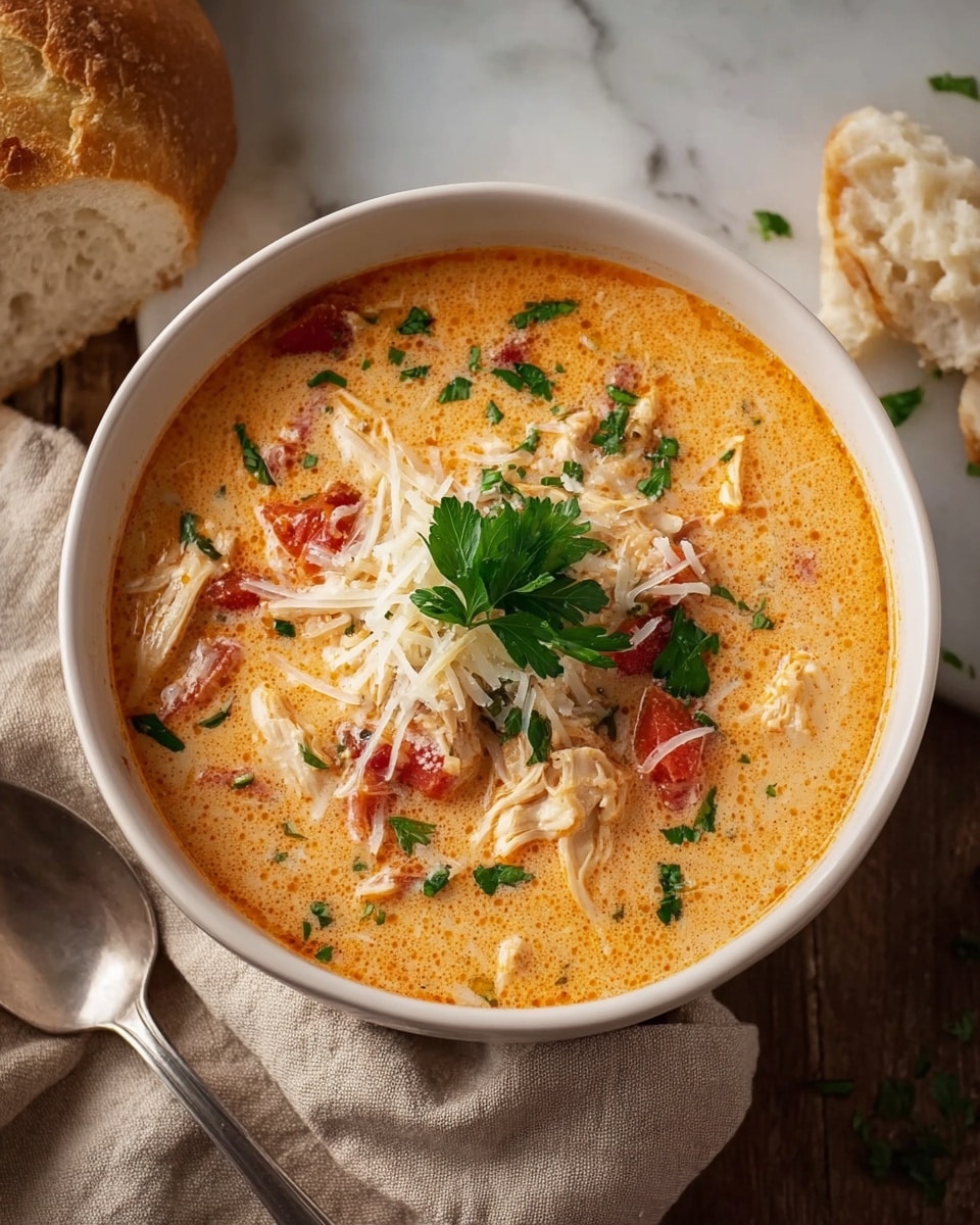 A white bowl filled with creamy orange soup that has visible tender shredded chicken pieces and chunks of red tomato inside, topped with a small pile of fine grated white cheese and a fresh green parsley sprig in the center, sprinkled with small green herb bits on the surface; the bowl sits on a light beige cloth on a dark wooden table, with a crusty light brown bread piece placed to the right of the bowl, and a vintage silver spoon laying to the left. The background is a white marbled texture. photo taken with an iphone --ar 4:5 --v 7