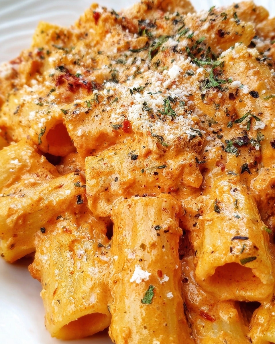 A close-up of rigatoni pasta covered in a creamy, orange-colored sauce with visible small red flecks, likely from spices or tomatoes. The sauce looks smooth and thick, coating each tube-shaped pasta piece evenly. Sprinkled on top are small bits of grated white cheese and dried green herbs, adding texture and color contrast to the dish. The pasta is placed on a white plate set on a white marbled surface. photo taken with an iphone --ar 4:5 --v 7