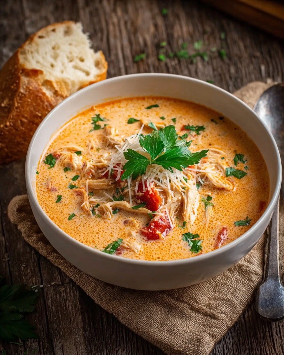 A white bowl filled with creamy orange-colored soup with visible flecks, topped with shredded chicken piled in the center, pieces of red tomato around the chicken, sprinkled with finely chopped green herbs, and grated white cheese on top, finished with a whole green parsley leaf at the peak. A piece of crusty bread with a golden brown, textured crust is placed leaning inside the bowl on the right side. The bowl sits on a rustic wooden surface with a beige cloth partially under it and a metal spoon to the right. photo taken with an iphone --ar 4:5 --v 7