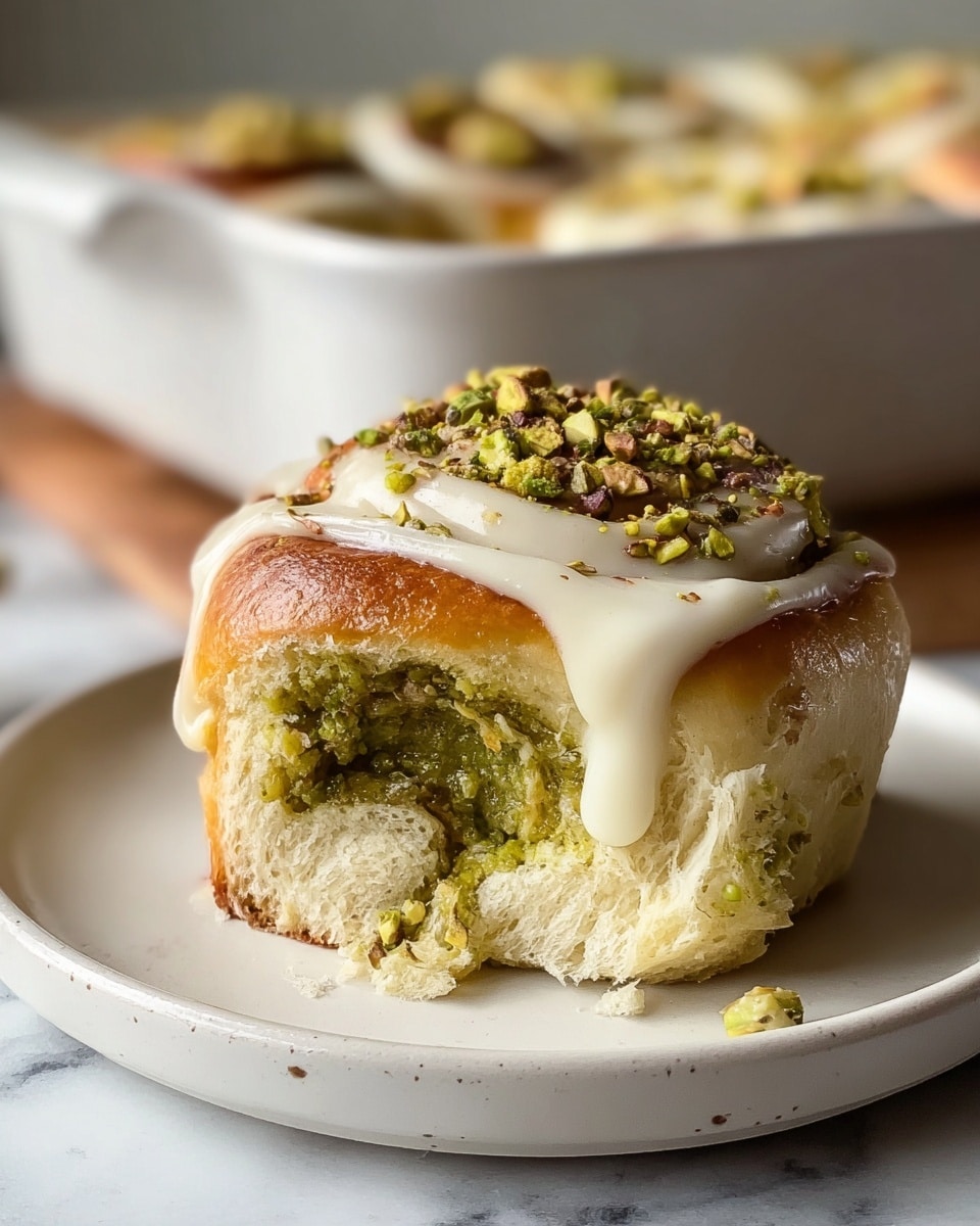 A close-up of a soft, fluffy bun with one side bitten, revealing three visible layers: the light golden-brown shiny top with chopped green pistachios sprinkling and white glaze drizzled; the middle layer is a bright green, slightly textured pistachio paste spread thickly inside; the bottom layer is the soft, airy, pale cream bread base. The bun sits on a white round ceramic plate with a subtle speckled design placed on a white marbled surface, and blurred baked buns in a white baking dish are in the background. photo taken with an iphone --ar 4:5 --v 7