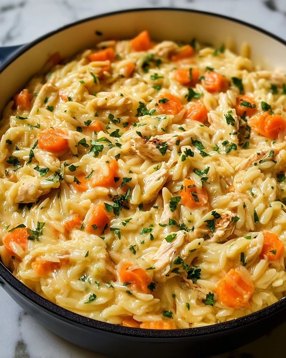A close-up of a creamy dish in a white pan filled with a light yellow sauce mixed with small pieces of shredded white chicken, soft orzo pasta, and bright orange carrot slices scattered evenly on top; small bits of chopped green parsley add a fresh contrast, and the sauce has a smooth, slightly glossy texture that coats all ingredients well, resting on a white marbled surface. photo taken with an iphone --ar 4:5 --v 7