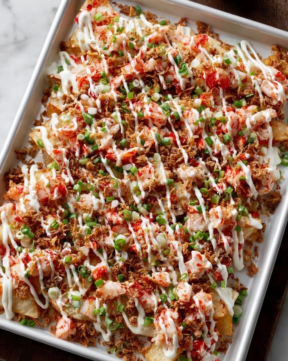 A large rectangular white tray filled with multiple layers of food starting with a base of crispy light golden pieces, topped with a thick layer of creamy white sauce drizzled in a zigzag pattern. On top, there are small pieces of red and white seafood-like chunks evenly spread, mixed with tiny green onion slices and crunchy brown bits scattered all over. The colors are vibrant with white, red, green, and brown details showing different textures from smooth to crunchy. The tray sits on a white marbled surface with some scattered pieces outside the tray edges. Photo taken with an iphone --ar 4:5 --v 7