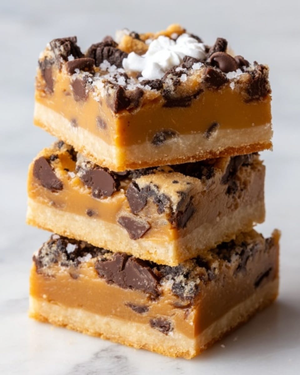 The image shows a stack of three thick, square dessert bars placed on a white marbled surface. Each bar has three visible layers: the base is a light golden crust with a smooth texture, the middle layer is a rich golden caramel filled with melted chocolate chips, and the top layer is a slightly darker caramel with chunks of chocolate and small bits of crumbly topping scattered across. One small dollop of white cream sits on the top bar, adding contrast to the warm tones. The bars are neatly stacked with slight texture showing on the edges. Photo taken with an iphone --ar 4:5 --v 7