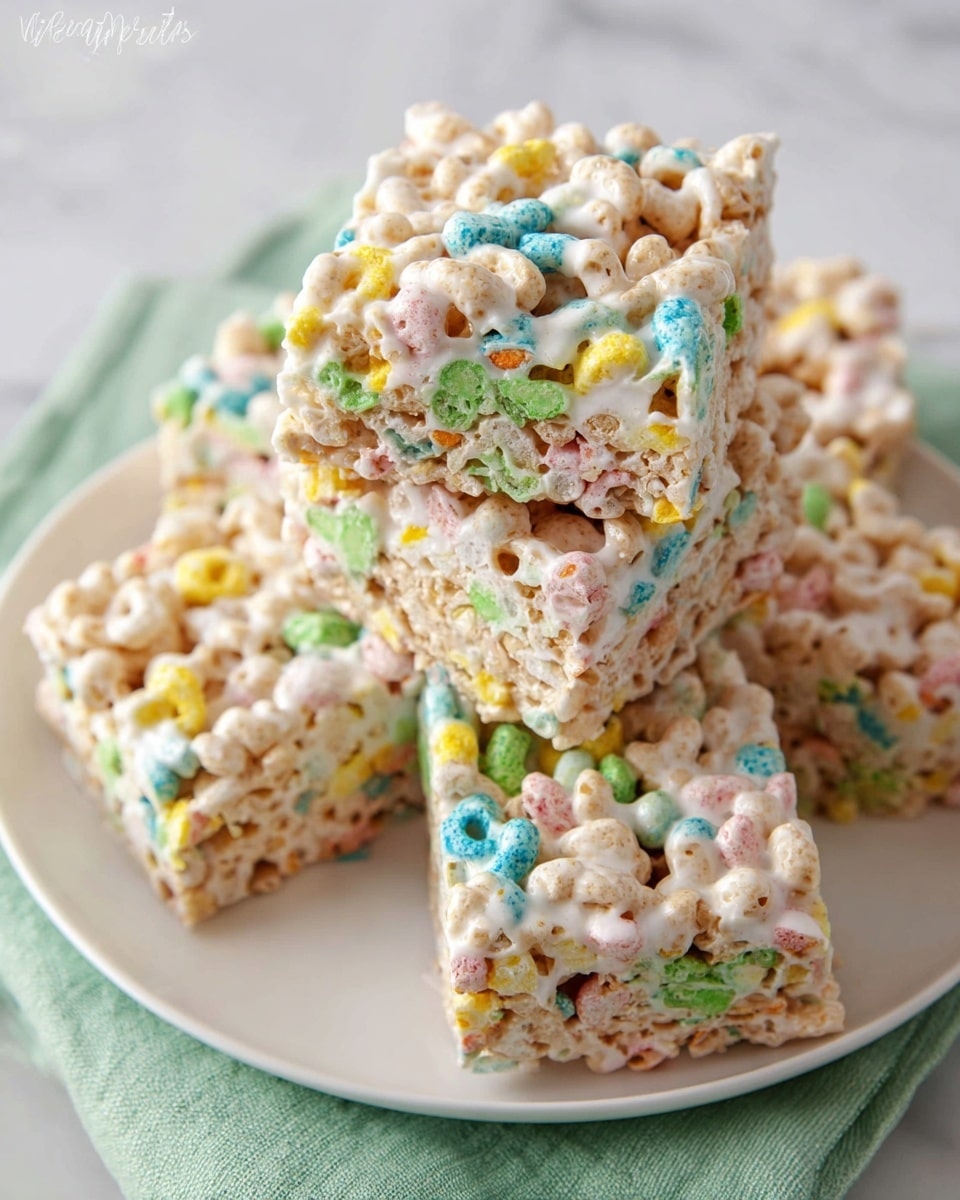 The image shows a stack of six square cereal treats on a white plate, placed on a white marbled surface. Each treat has two visible layers: the top layer is a mixture of light brown crispy cereal bits bound together by a shiny, gooey white marshmallow coating with scattered colorful cereal pieces in bright blue, yellow, pink, and green. The bottom layer is a solid pale green base that supports the crispy marshmallow top. The treats are neatly stacked with some slight gaps between them, showing the textured and sticky top surface in close-up detail. Photo taken with an iphone --ar 4:5 --v 7