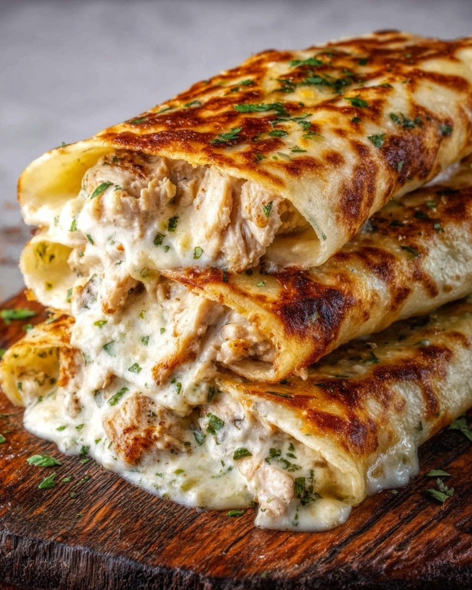 The image shows a stack of three rolled tortillas on a wooden board, each filled with shredded chicken mixed with green herbs. The tortillas are covered with melted white cheese that is golden brown in spots, giving a crispy texture on top. The filling is visible at the ends, showing a creamy and slightly chunky texture with bits of green herbs. The edges of the tortillas are soft and slightly browned, and there are small black spots on the cheese where it has bubbled and toasted. The background is a white marbled surface. Photo taken with an iphone --ar 4:5 --v 7