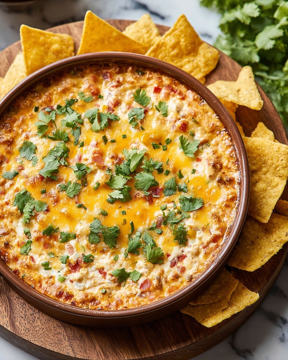 A baked dip served in a round brown dish with a textured rim, showing a thick, creamy base mixed with small pieces of red and green vegetables and browned bits. The top is covered with a melted layer of golden yellow cheese, spread evenly, and garnished with fresh bright green cilantro leaves scattered across the surface. Around the dish, there are triangular yellow corn chips standing upright, adding a crunchy contrast. The dish is set on a wooden board with a white marbled textured background. photo taken with an iphone --ar 4:5 --v 7
